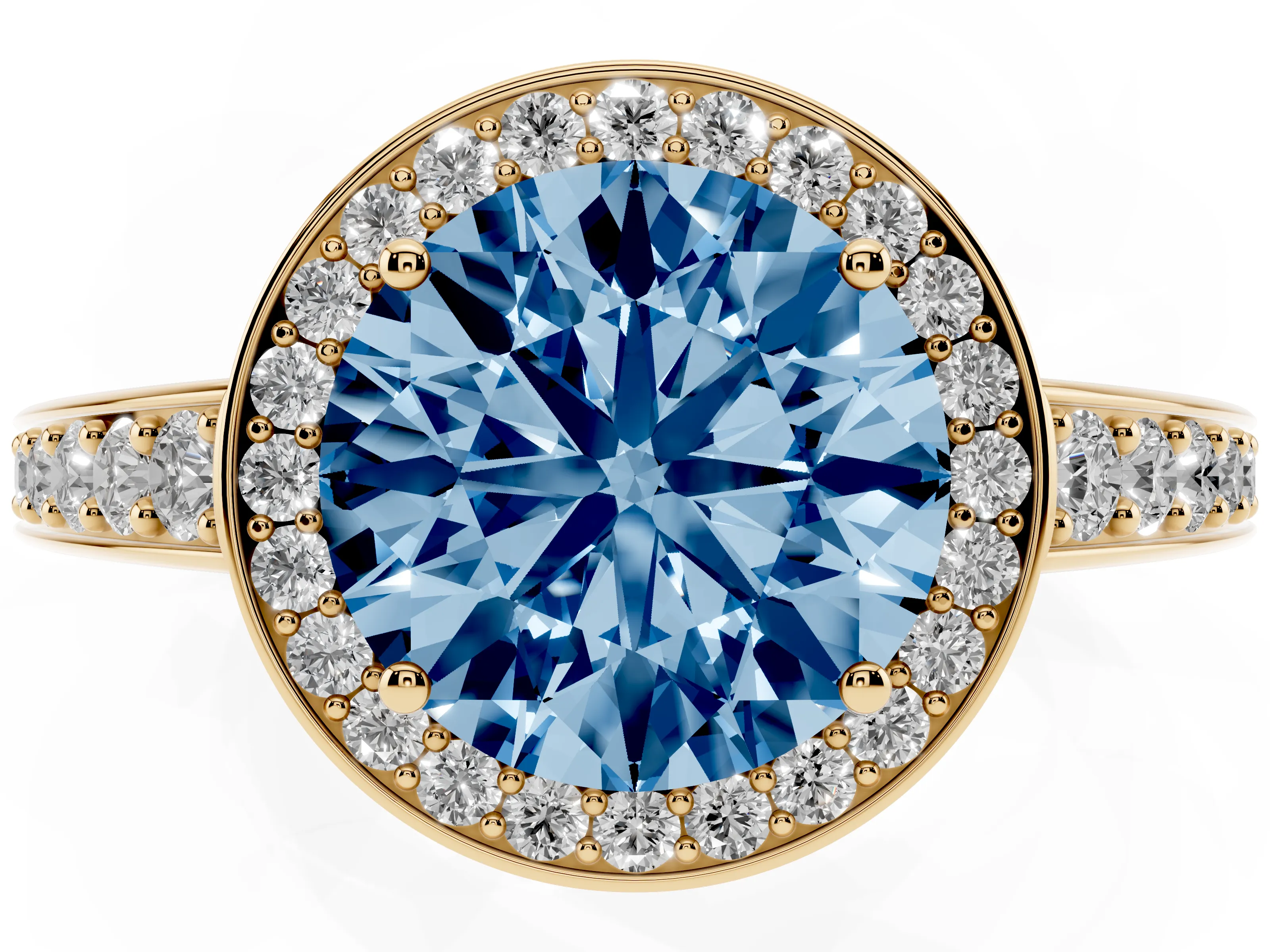 Fancy Blue Round Cut Diamond Halo Pavé Engagement Ring Set in Yellow gold with Bezel Setting
