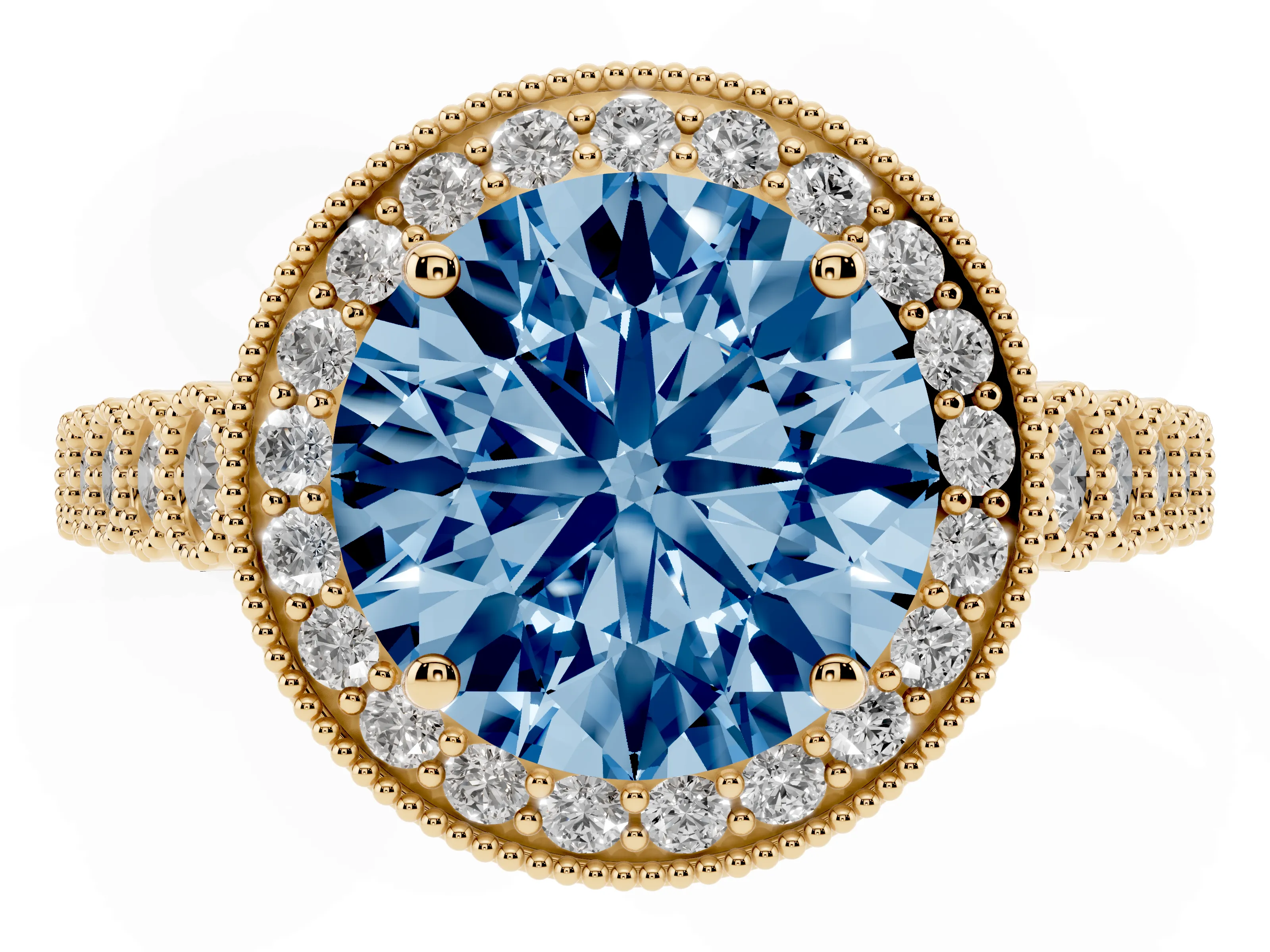 Fancy Blue Round Cut Diamond Milgrain Halo Solitaire Ring Set in Yellow gold with Bezel Set Side Stones and Pavé Band