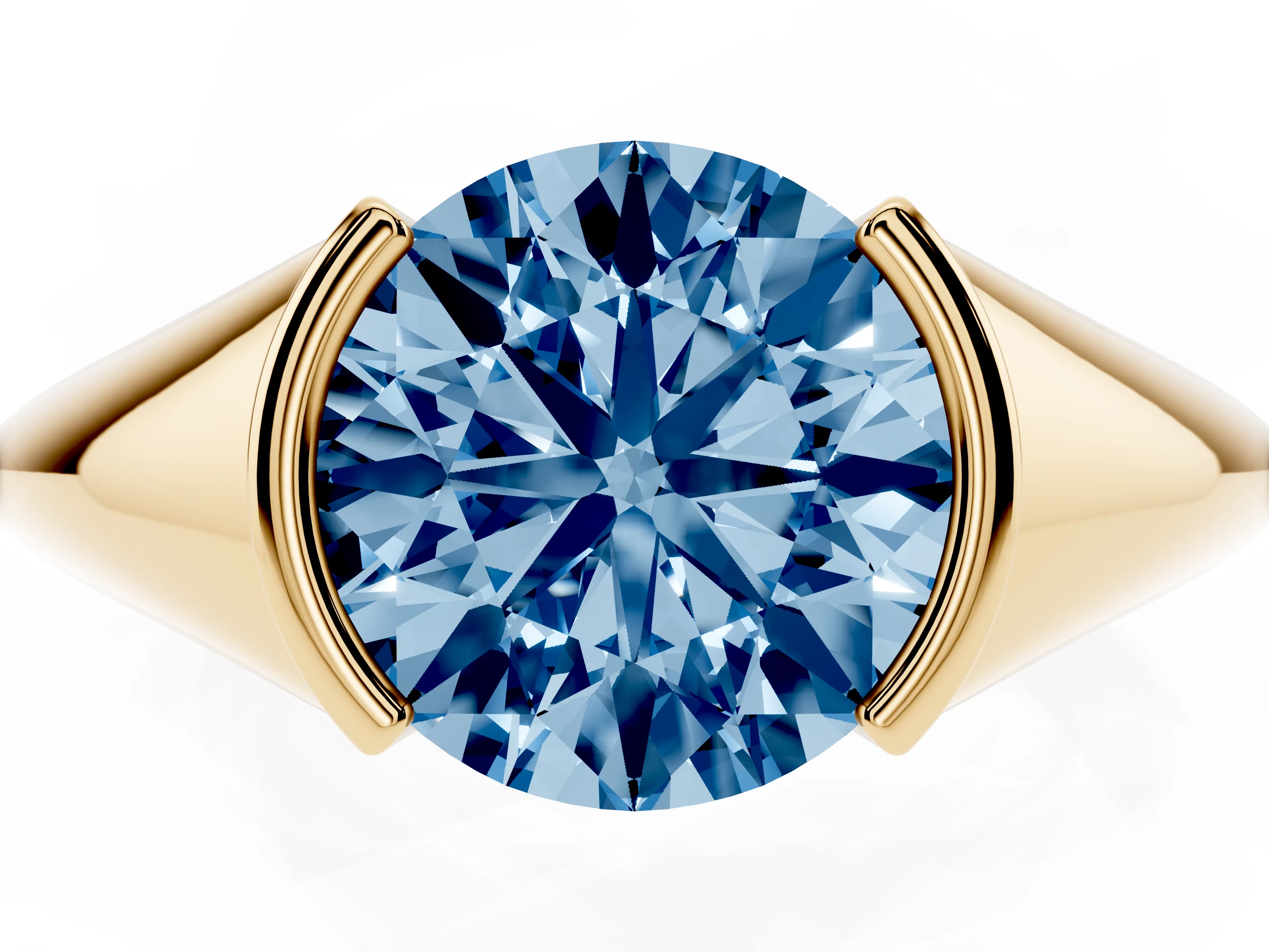 Fancy Blue Round Cut Diamond Solitaire Tension Set Ring Set in Yellow gold