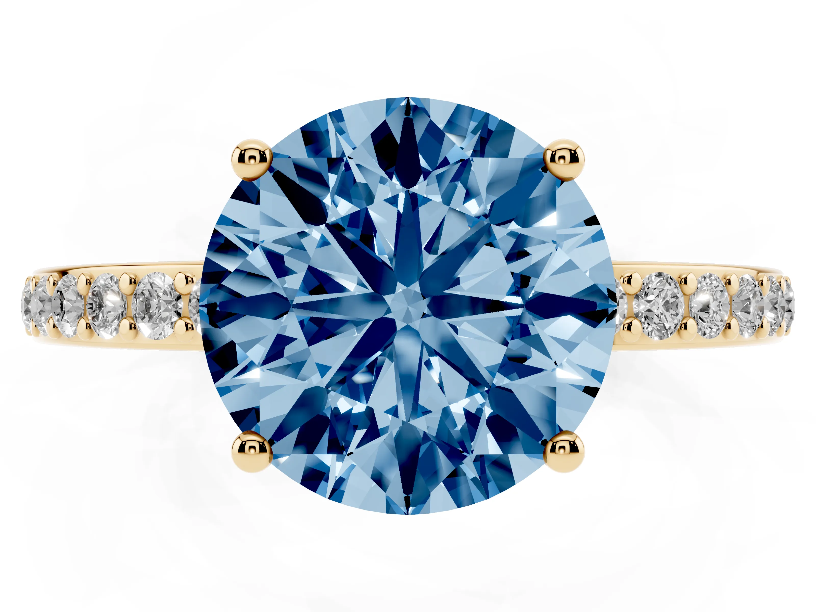 Fancy Blue Round Cut Diamond Pavé Band Ring Set in Yellow gold with Prong-Set Center Stone