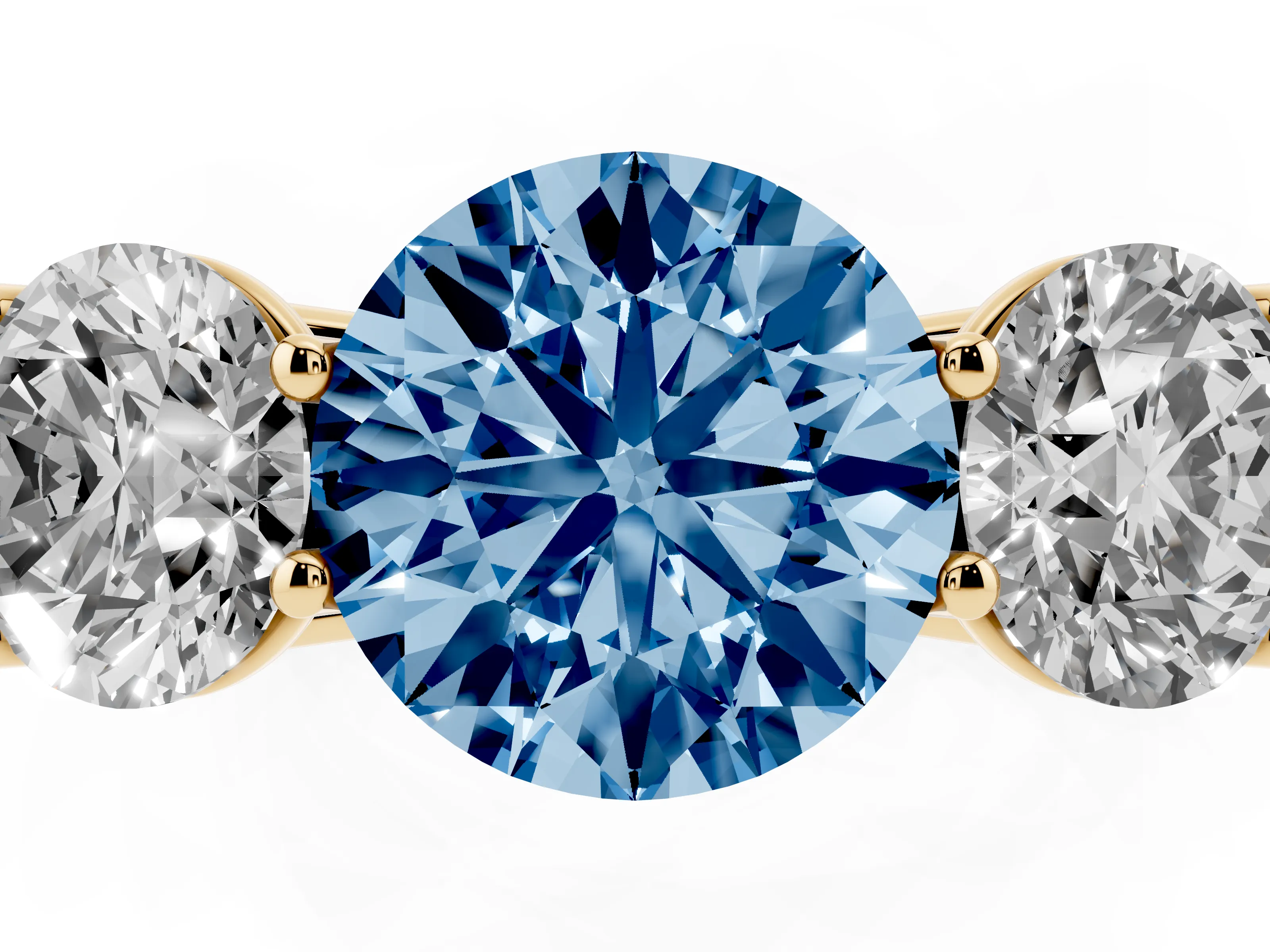 Fancy Blue Round Cut Diamond Three-Stone Ring Set in Yellow gold with Plain Polished Band