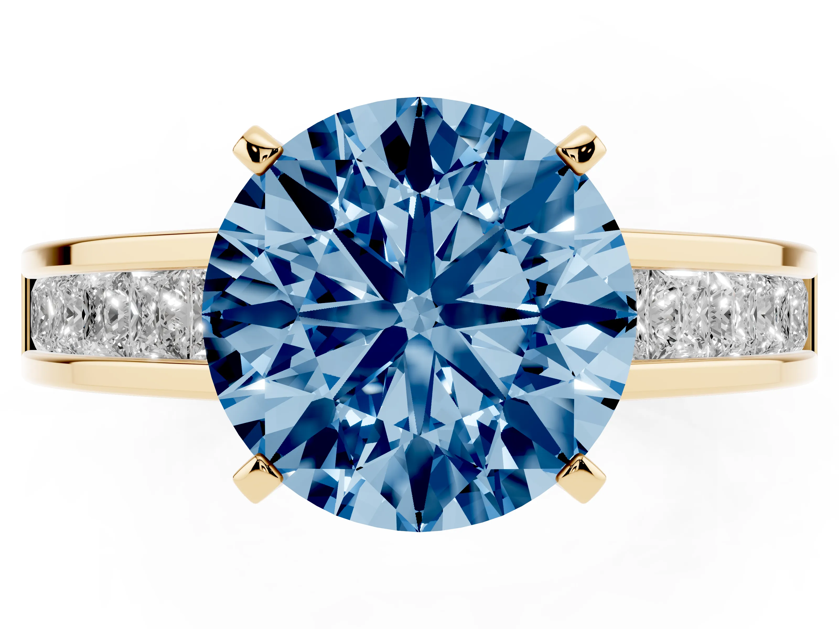 Fancy Blue Round Cut Diamond Solitaire Ring Set in Yellow gold with Channel-Set Band and Prong Setting