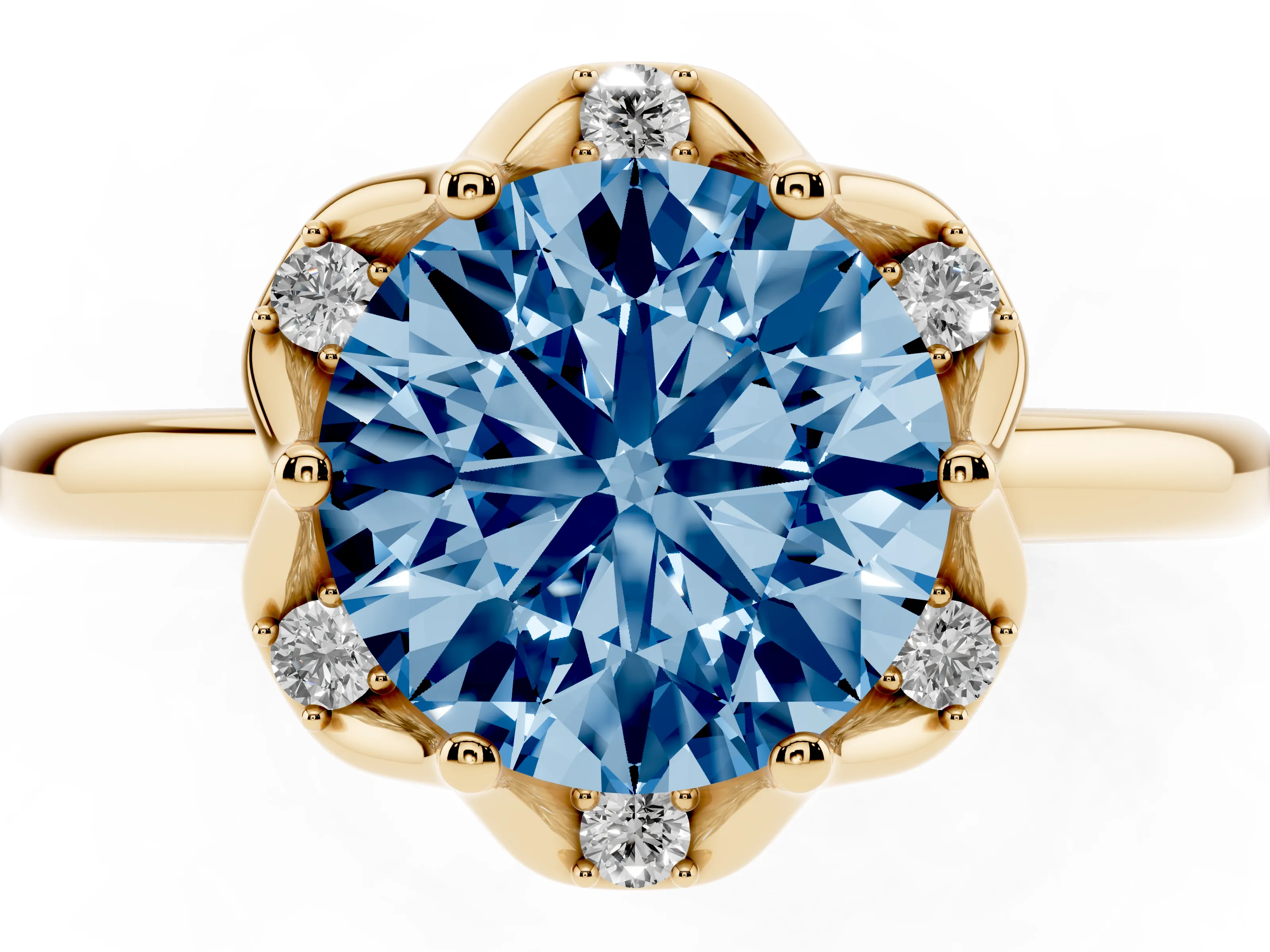 Fancy Blue Round Cut Diamond Round Cluster Halo Ring Set in Yellow gold with Solitaire Band and Prong Setting