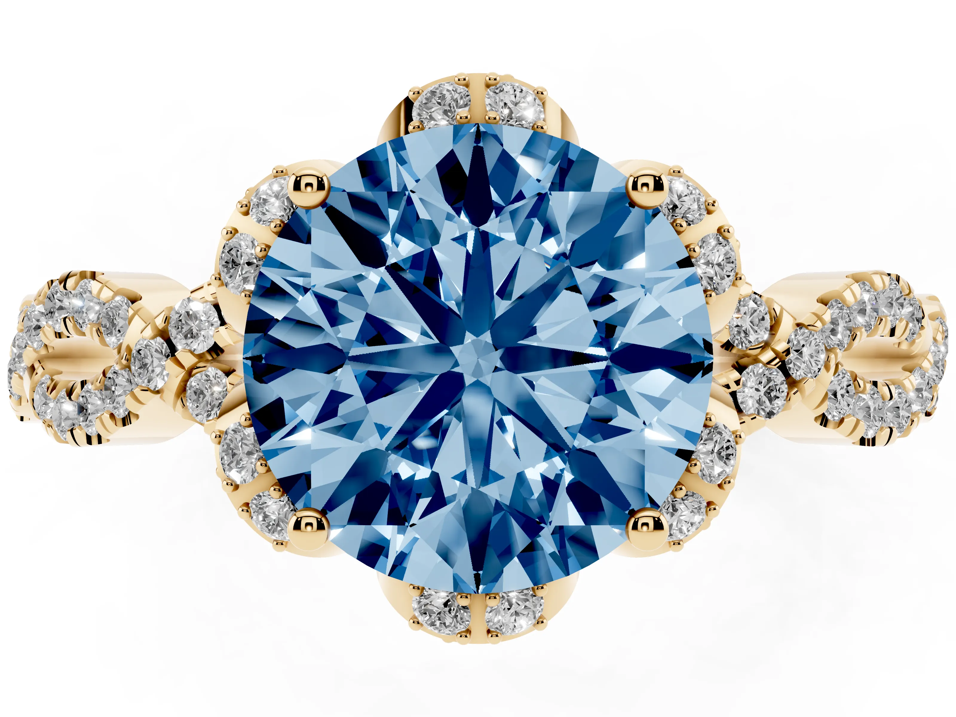 Fancy Blue Round Cut Diamond Halo Twist Band Solitaire Ring Set in Yellow gold with Prong-Set Center Stone