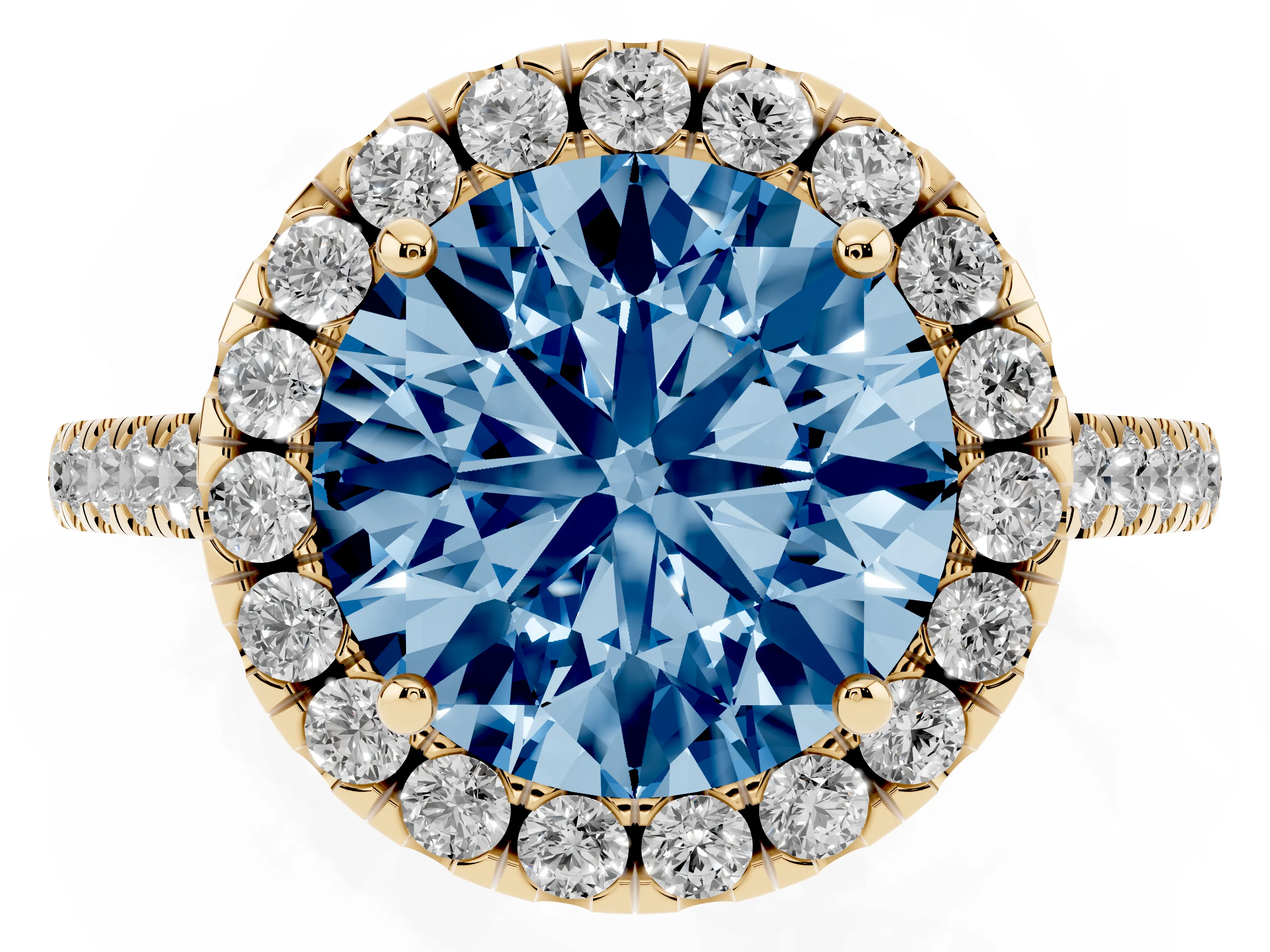 Fancy Blue Round Cut Diamond Pavé Halo Engagement Ring Set in Yellow gold with Pavé Band and Prong Setting