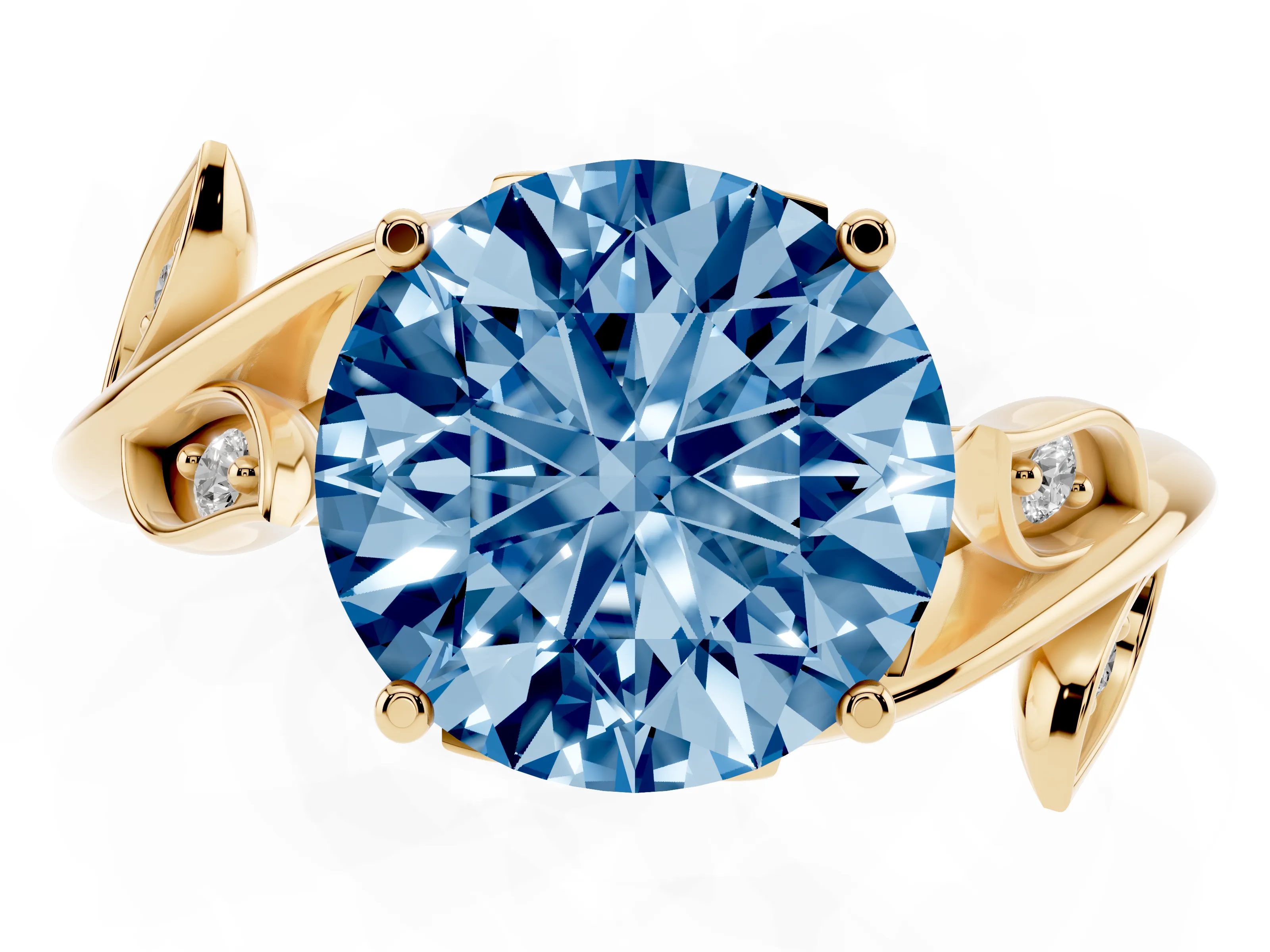 Fancy Blue Round Cut Diamond Solitaire Twist Engagement Ring Set in Yellow gold with Pavé Leaf Accents