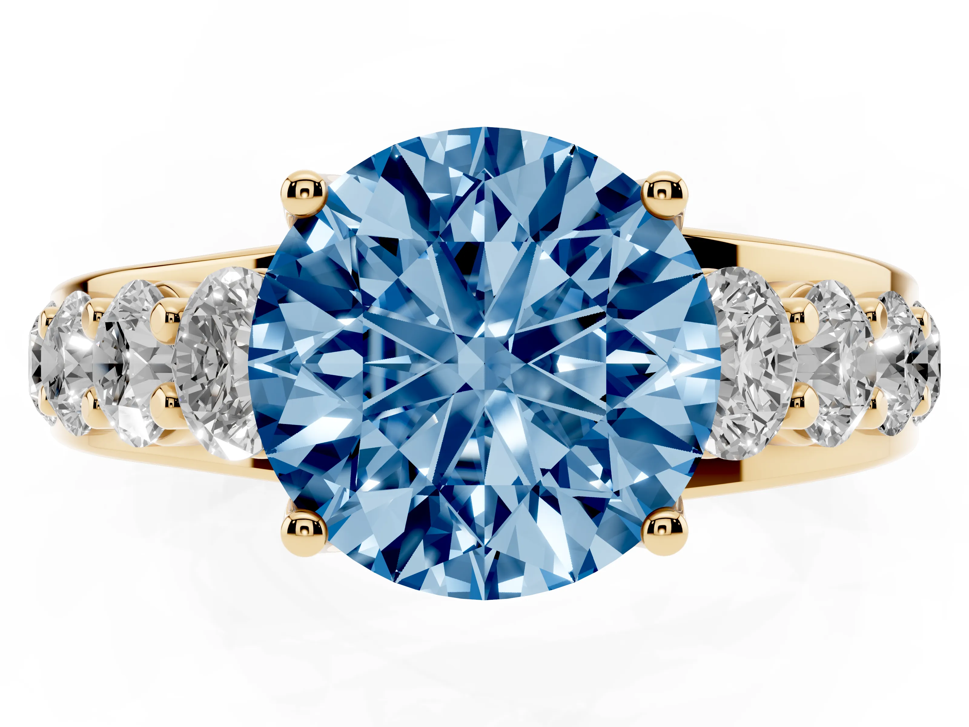 Fancy Blue Round Cut Diamond Pavé Engagement Ring Set in Yellow gold with Prong Setting