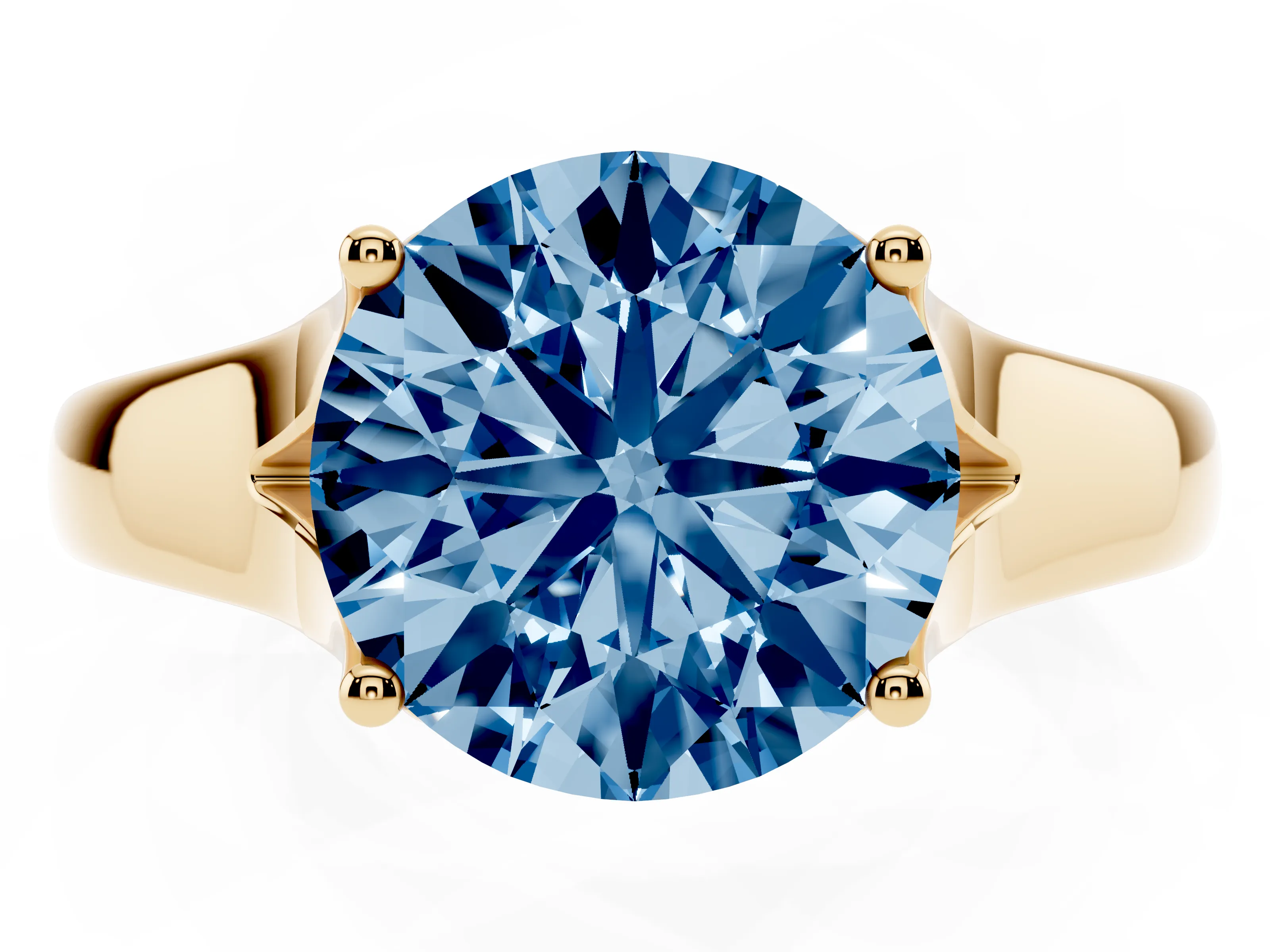 Fancy Blue Round Cut Diamond Solitaire Ring Set in Yellow gold with Arched Cathedral Band and Prong Setting