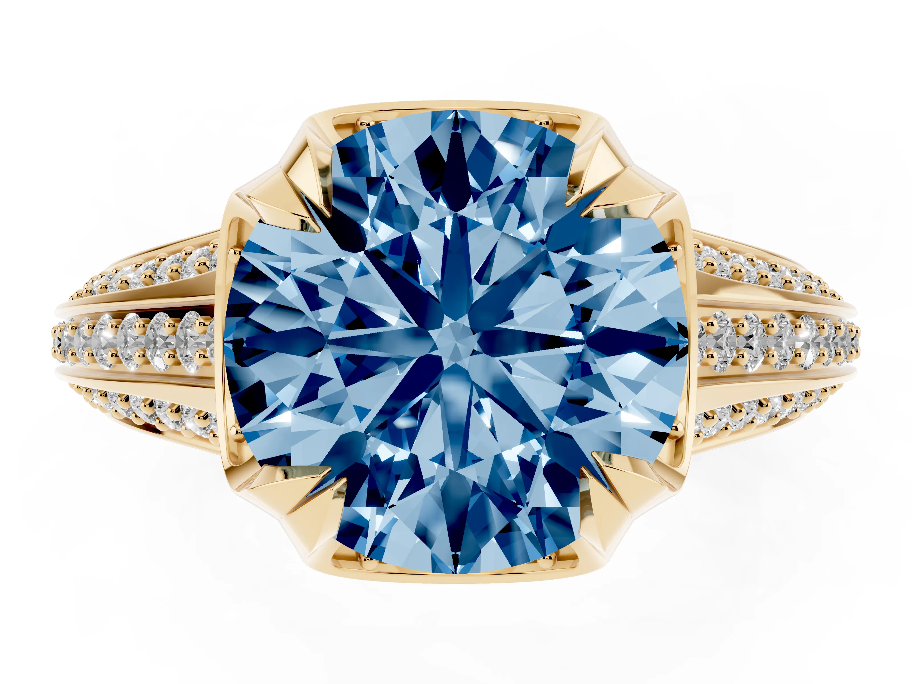 Fancy Blue Round Cut Diamond Pavé Split Shank Solitaire Ring Set in Yellow gold with Prong Setting