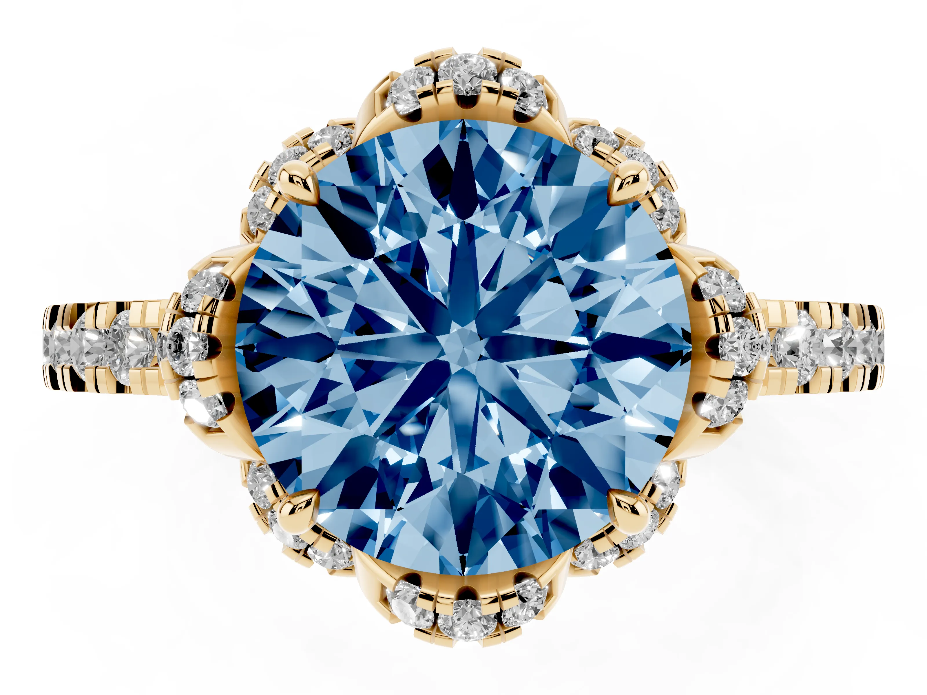 Fancy Blue Round Cut Diamond Halo Pavé Band Ring Set in Yellow gold with Prong-Held Center