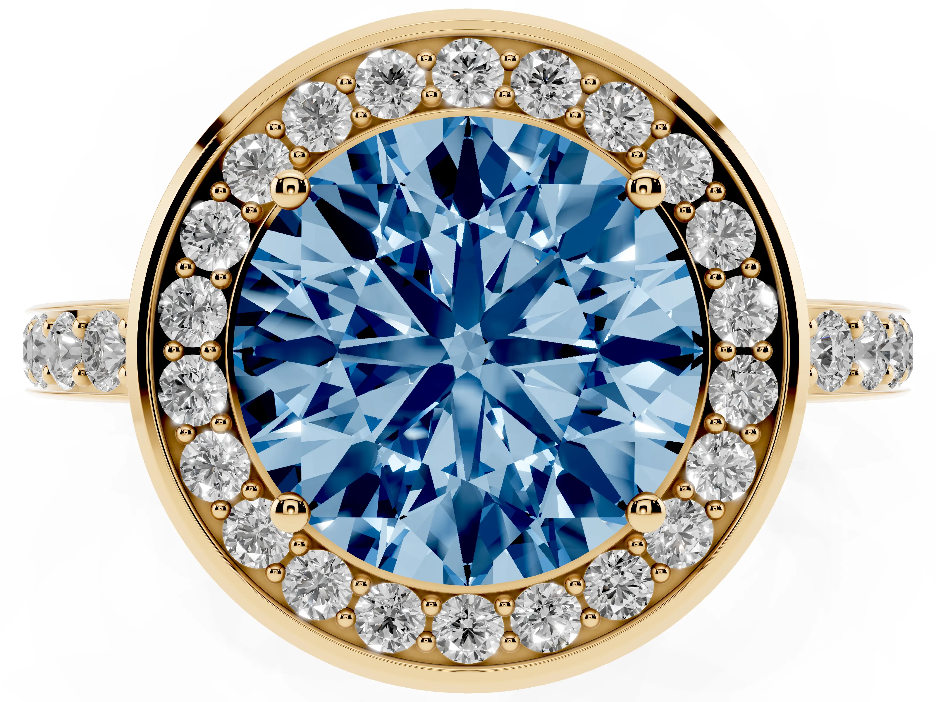 Fancy Blue Round Cut Diamond Halo Ring Set in Yellow gold with Bezel Frame and Pavé Band