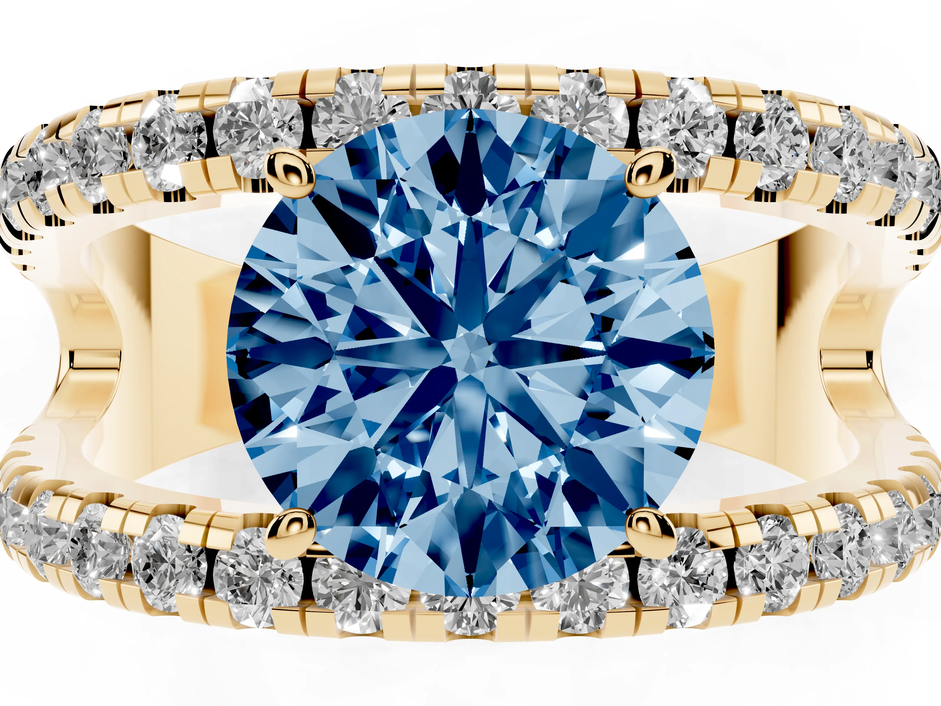 Fancy Blue Round Cut Diamond Split Shank Pavé Solitaire Ring Set in Yellow gold with Open Shank Design