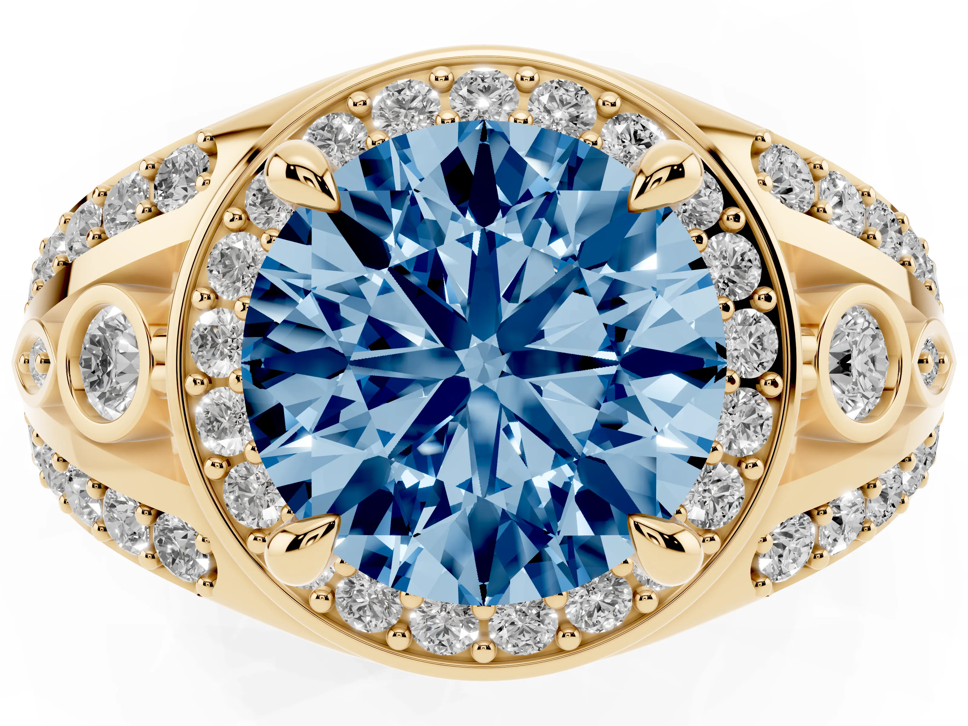 Fancy Blue Round Cut Diamond Halo Ring Set in Yellow gold with Pavé Split Shank and Bezel Accents