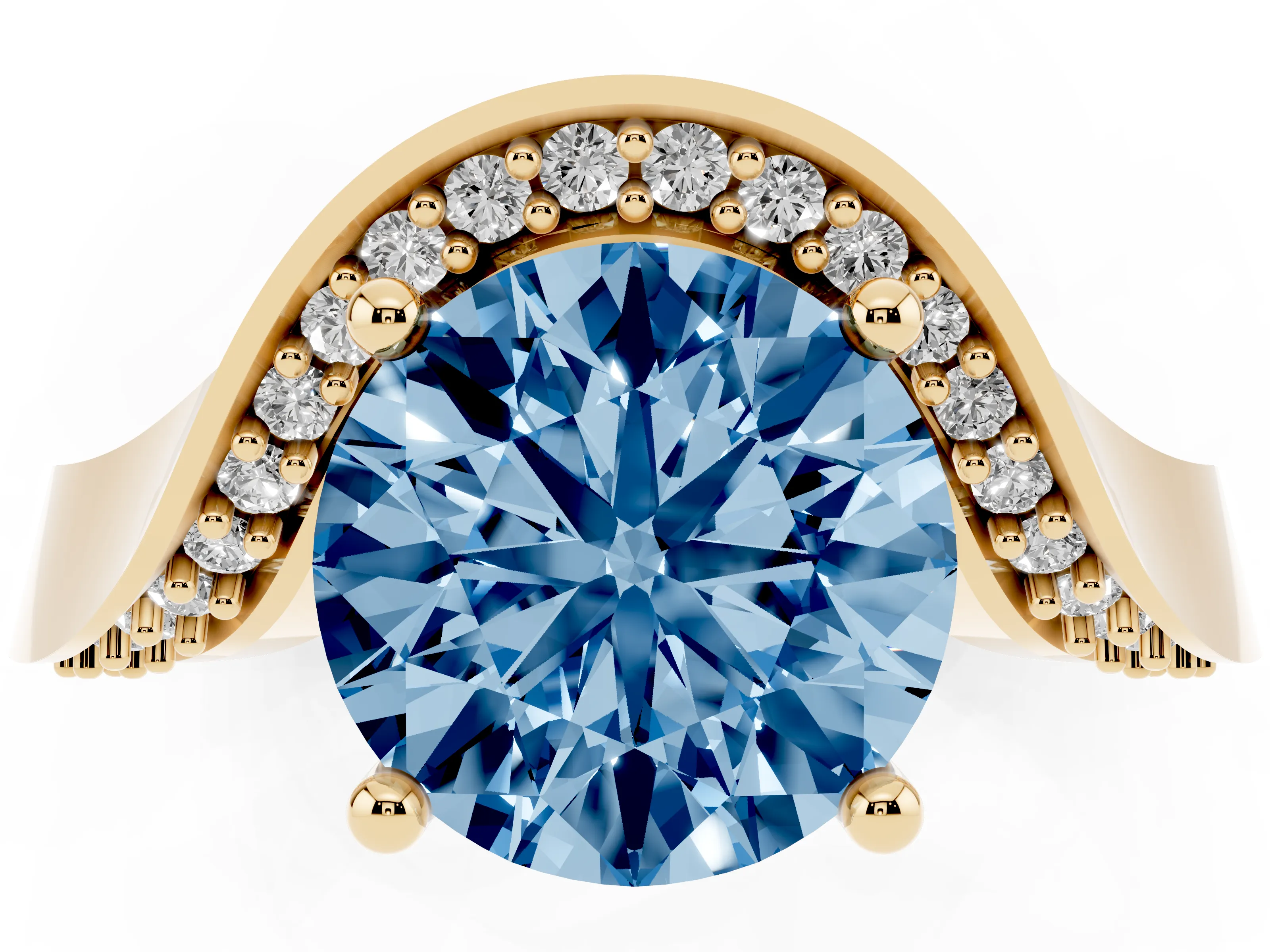 Fancy Blue Round Cut Diamond Solitaire Engagement Ring Set in Yellow gold with Pavé Shoulders