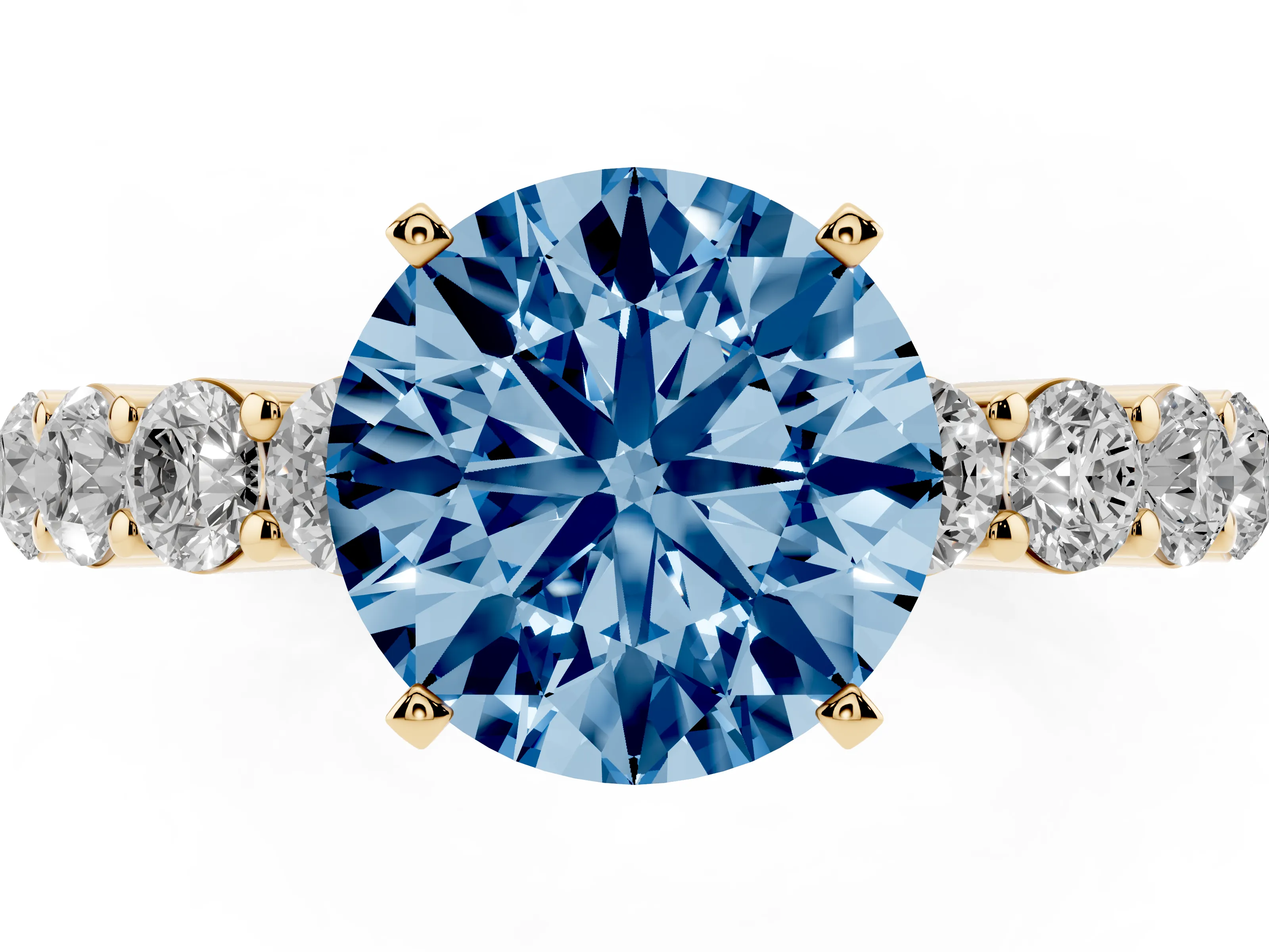 Fancy Blue Round Cut Diamond Solitaire Ring Set in Yellow gold with Shared Prong Round Side Stones