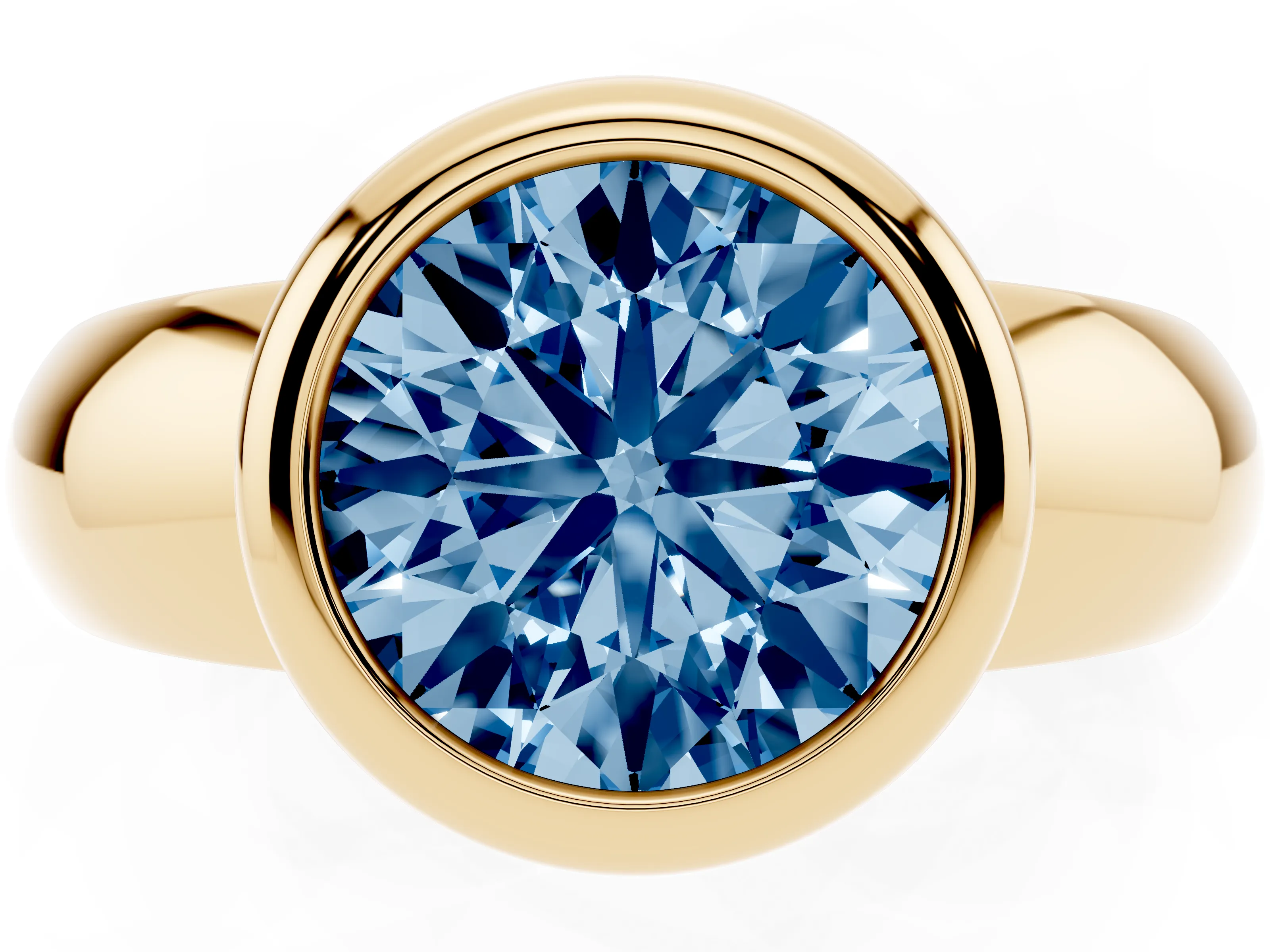 Fancy Blue Bezel Set Round Cut Diamond Solitaire Ring Set in Yellow gold with Wide Band