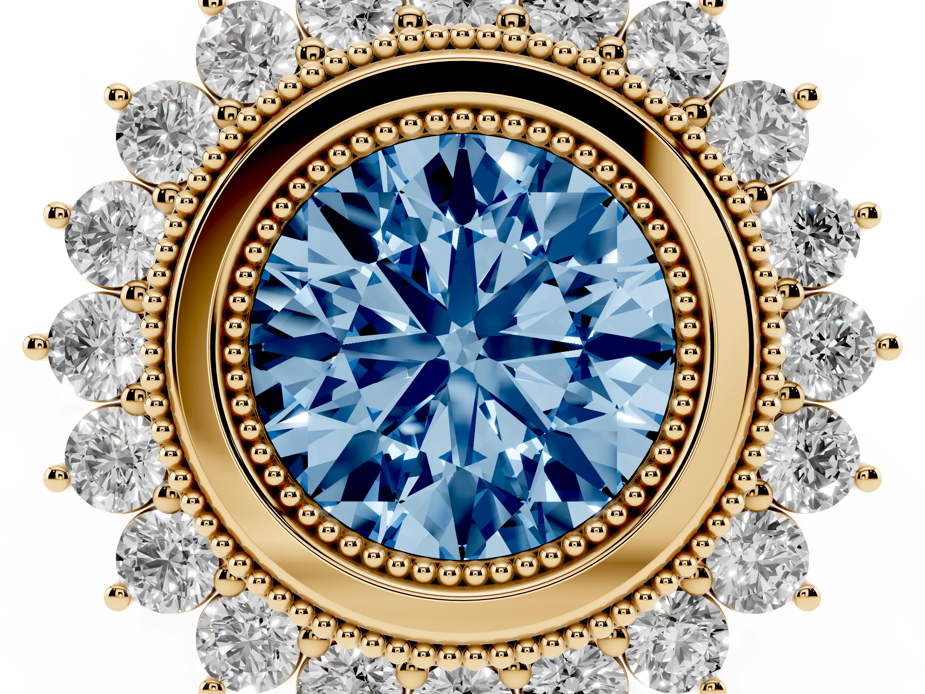 Fancy Blue Round Cut Diamond Halo Ring Set in Yellow gold with Milgrain Edge and Round Prong Setting