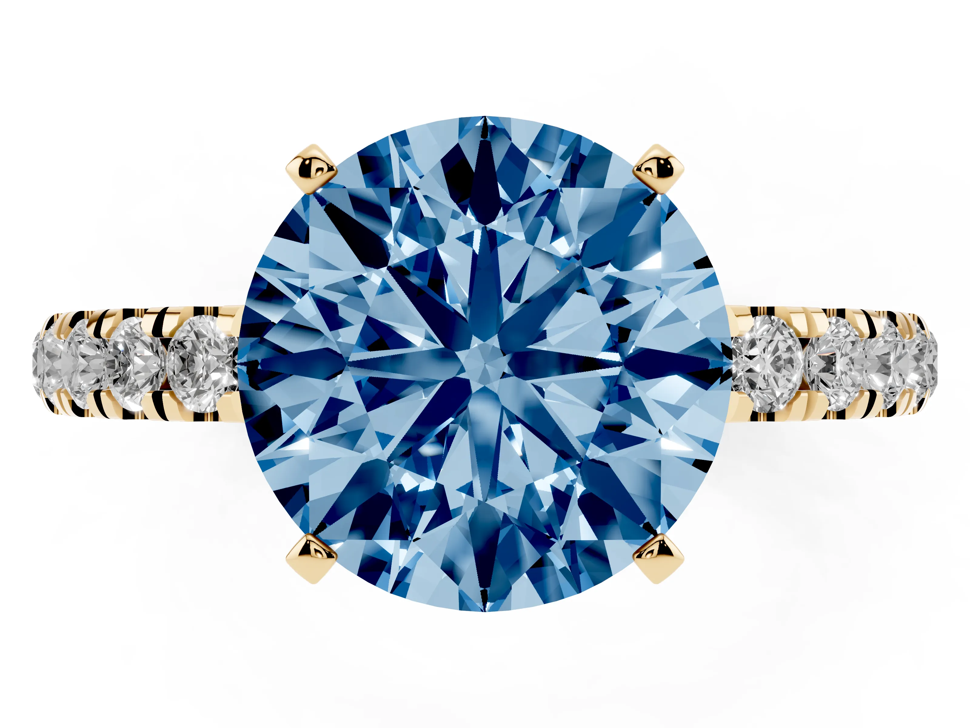 Fancy Blue Round Cut Diamond Solitaire Ring Set in Yellow gold with Pavé Accents and Prong Setting