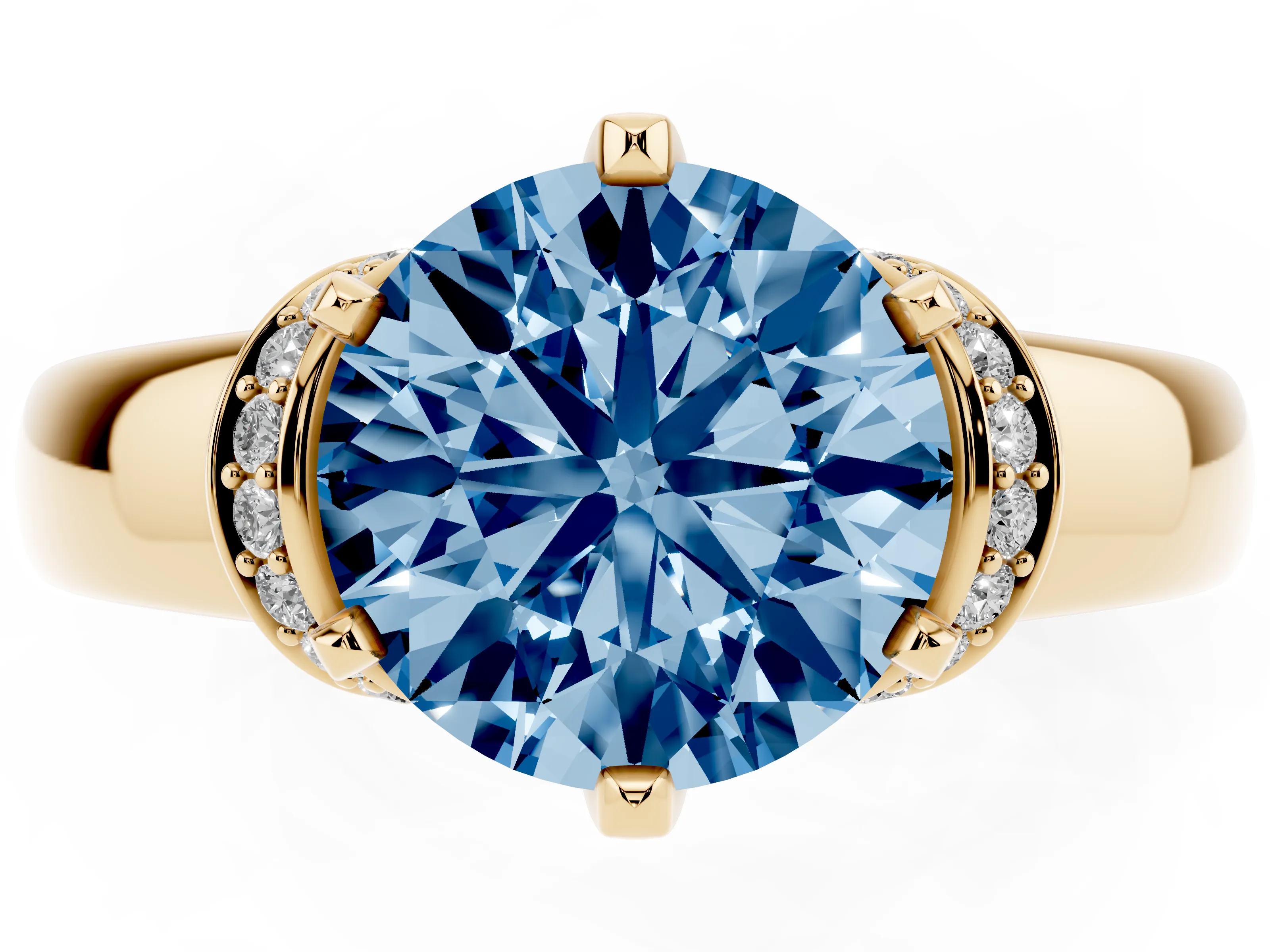 Fancy Blue Round Cut Diamond Pavé Band Solitaire Ring Set in Yellow gold with Prong Setting