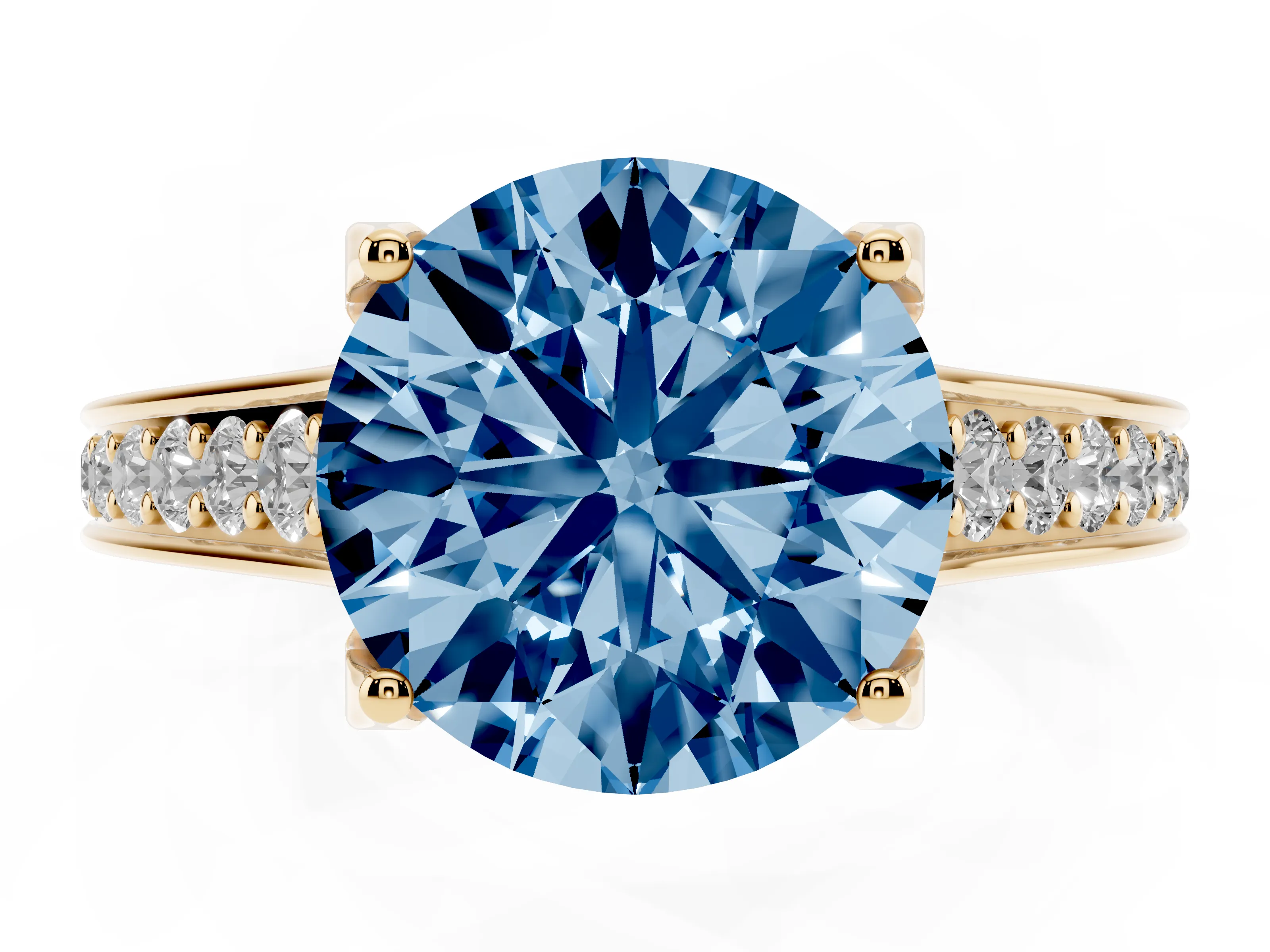 Fancy Blue Round Cut Diamond Solitaire Pavé Engagement Ring Set in Yellow gold with Prong Setting