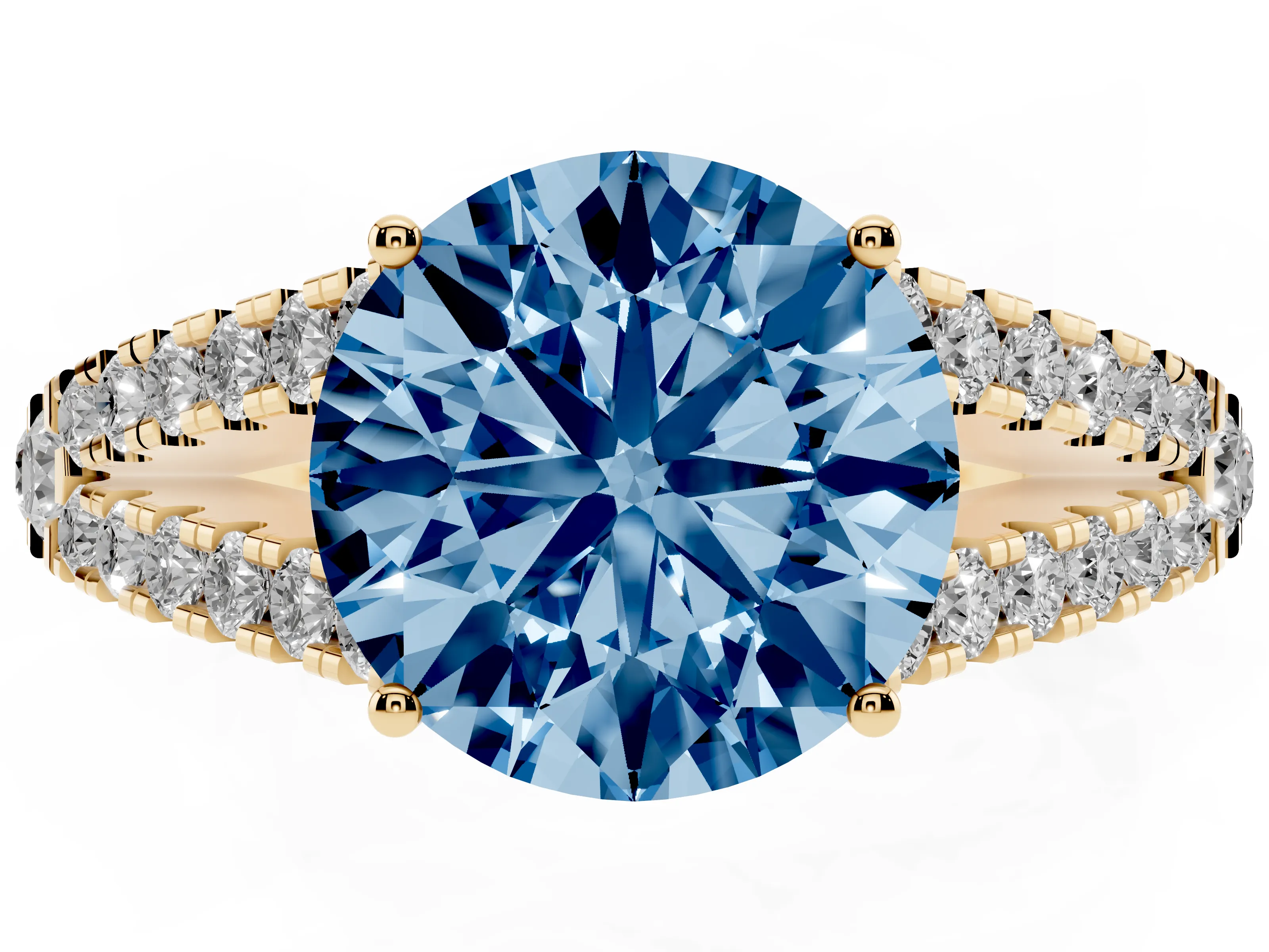 Fancy Blue Round Cut Diamond Split Shank Pavé Engagement Ring Set in Yellow gold with Prong-Held Center Stone