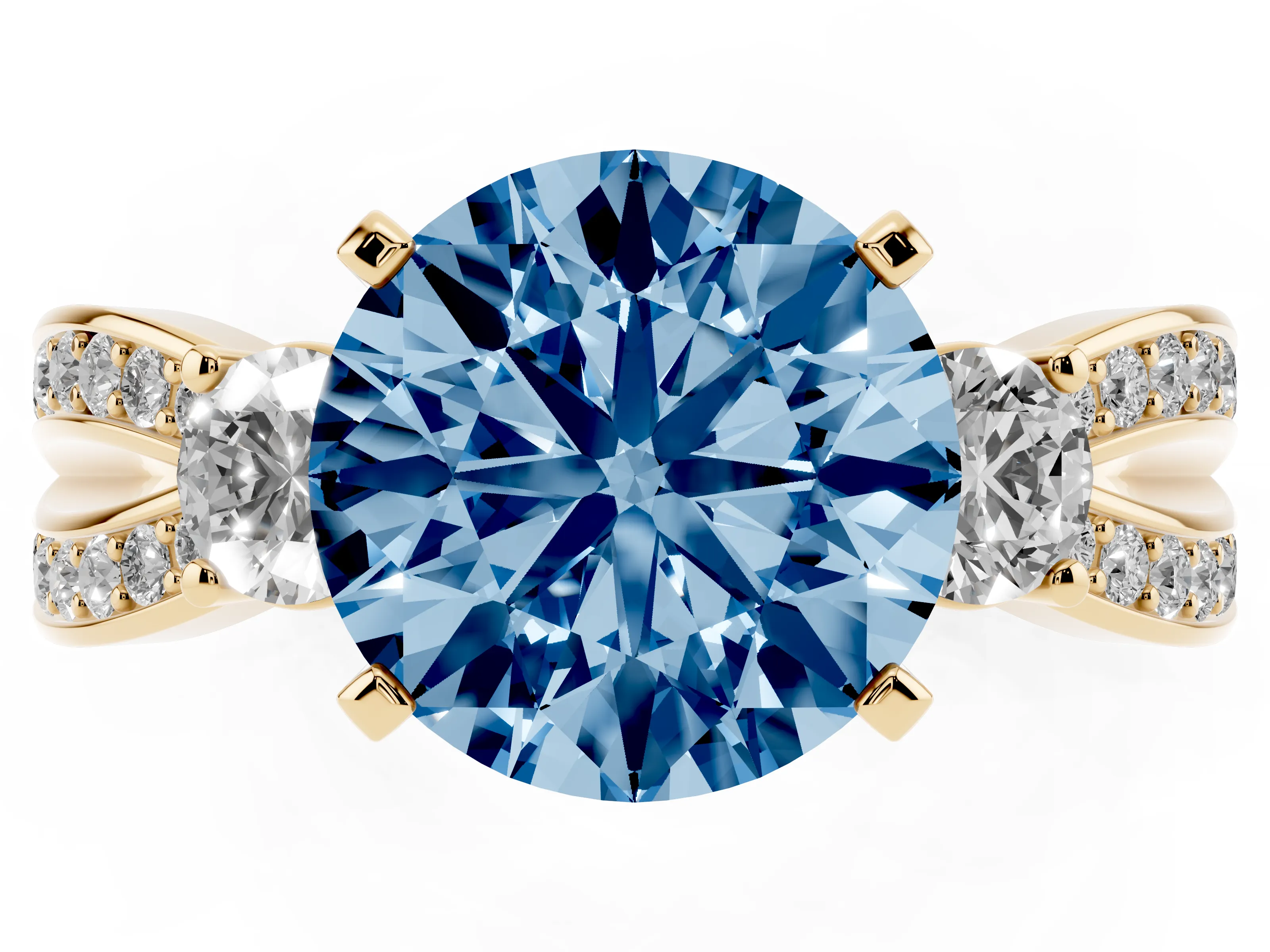 Fancy Blue Three-Stone Round Cut Diamond Twist Band Ring Set in Yellow gold with Pavé Accents and Prong Setting