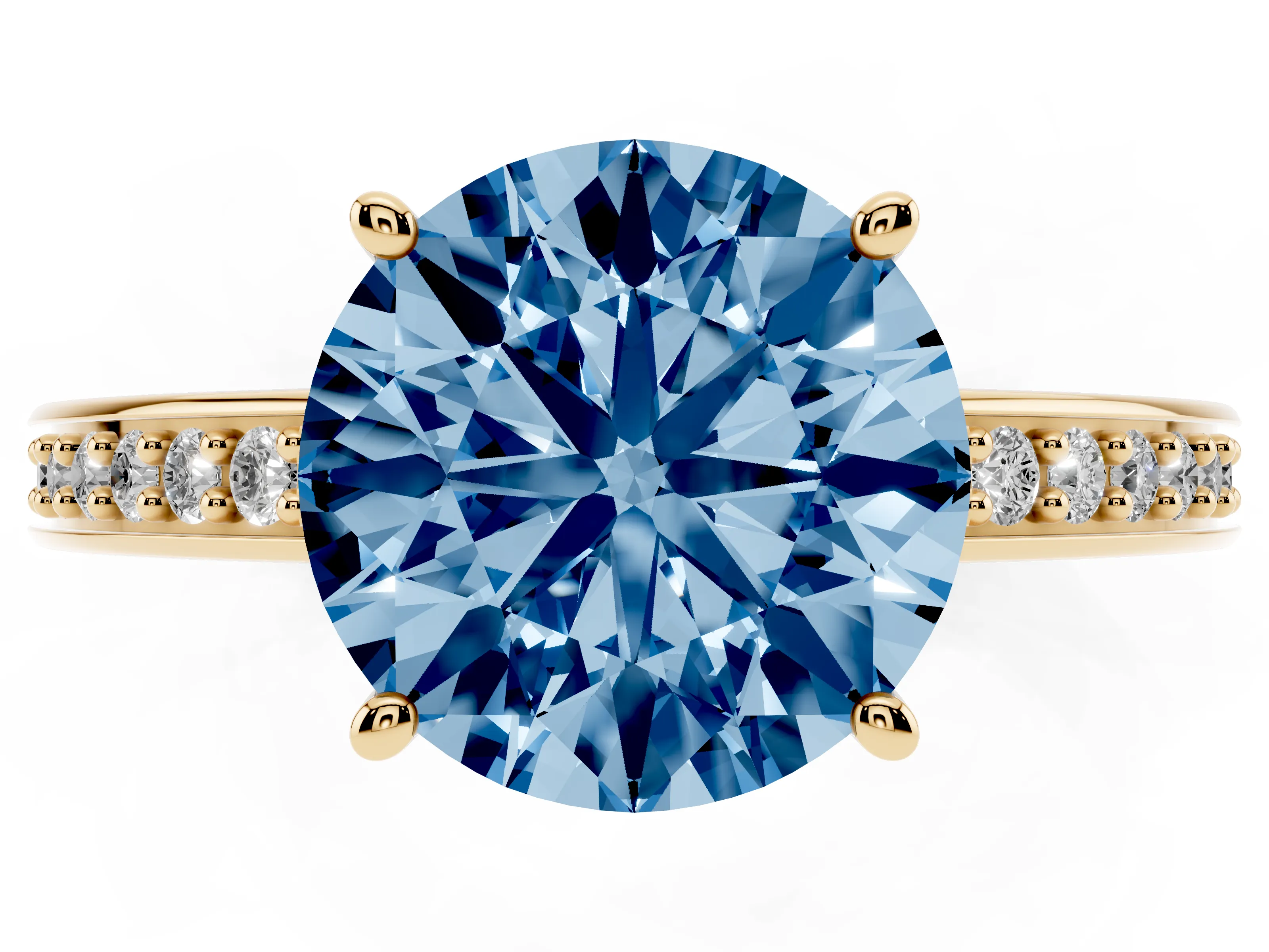 Fancy Blue Round Cut Diamond Pavé Band Prong Set Solitaire Ring Set in Yellow gold