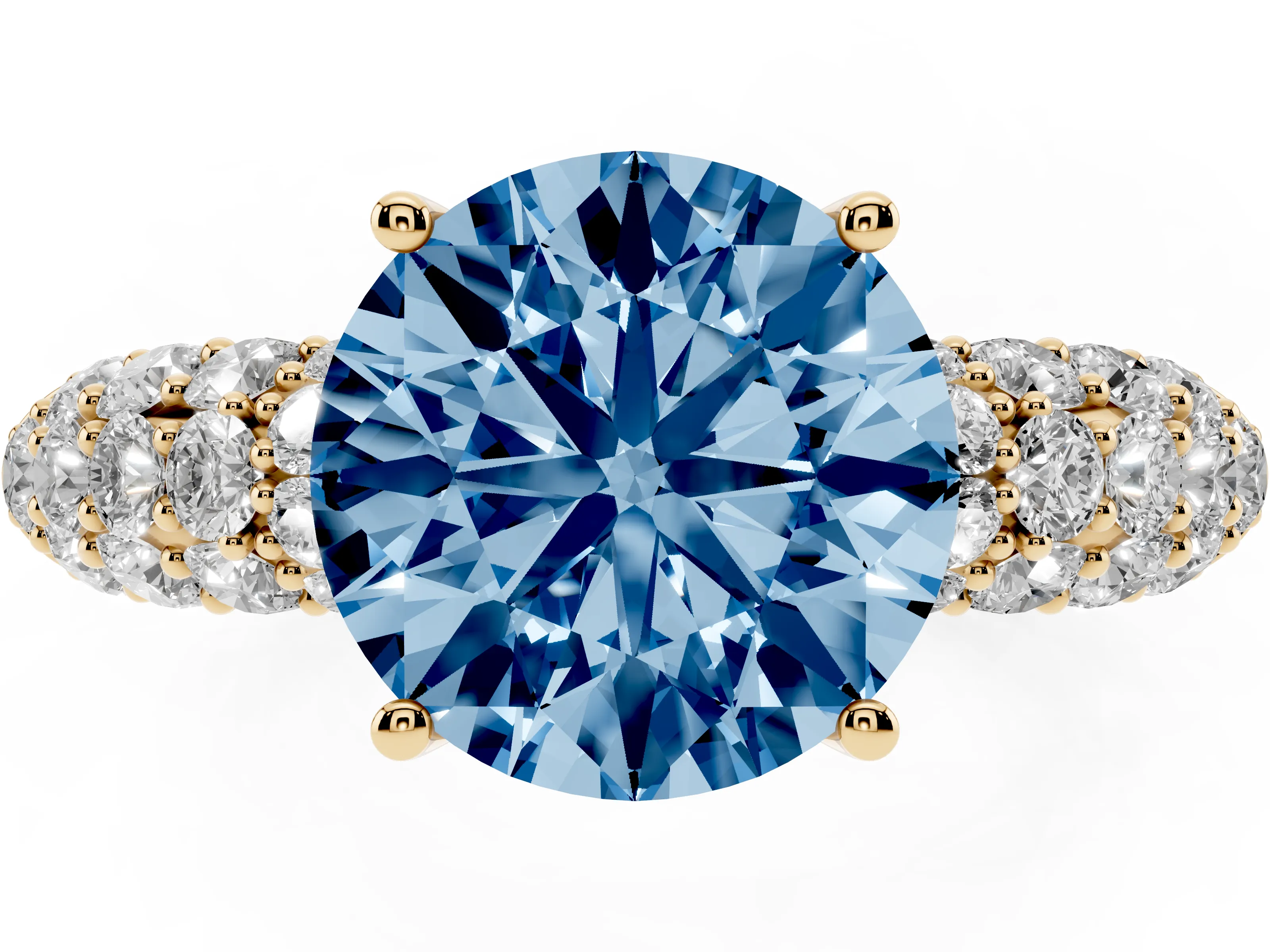 Fancy Blue Round Cut Diamond Pavé Band Solitaire Ring Set in Yellow gold with Close-Set Accent Stones and Prong Setting