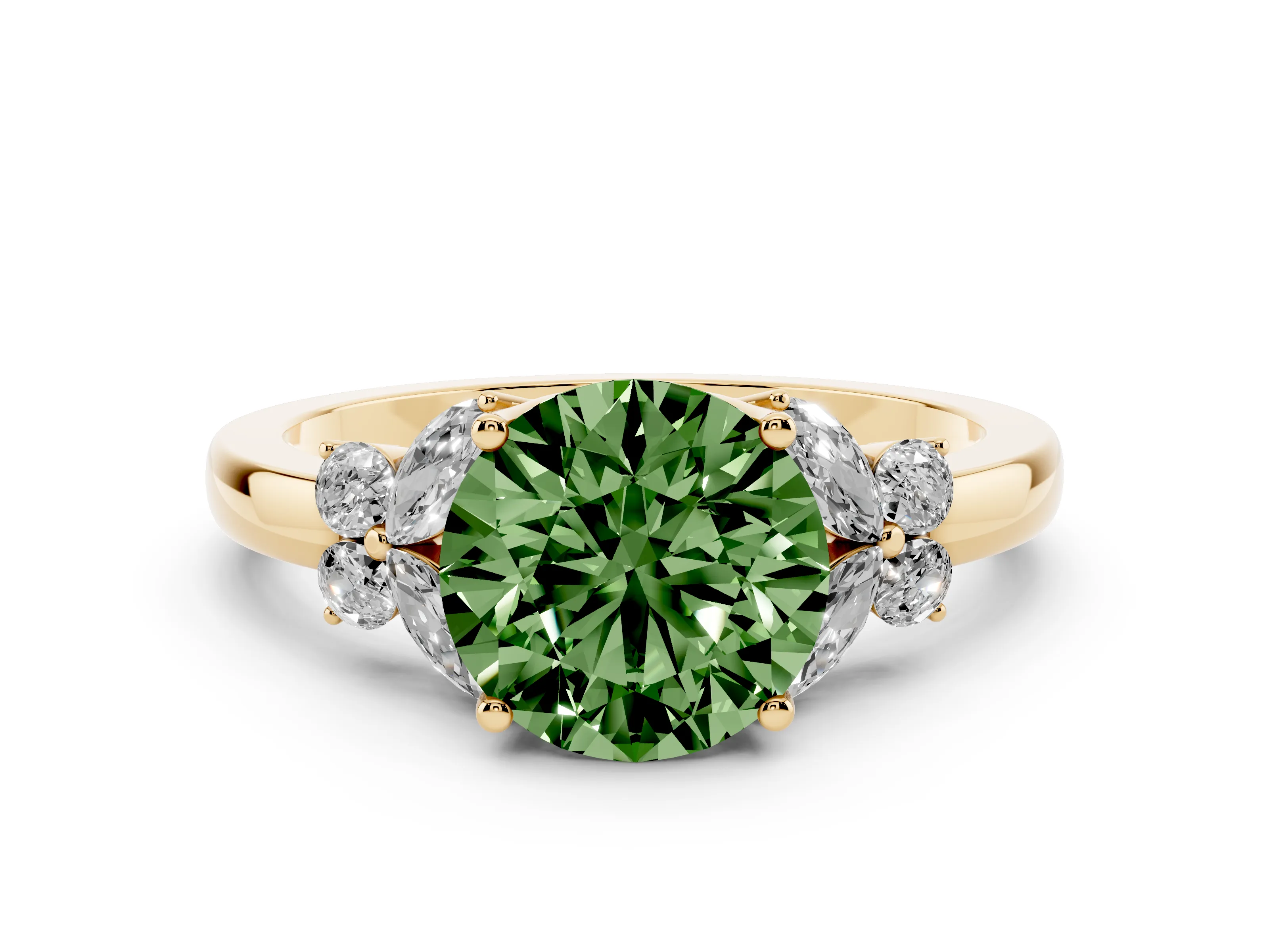 Fancy Green Round Cut Diamond Solitaire Floral Ring Set in Yellow gold with Marquise Petals and Prong Setting