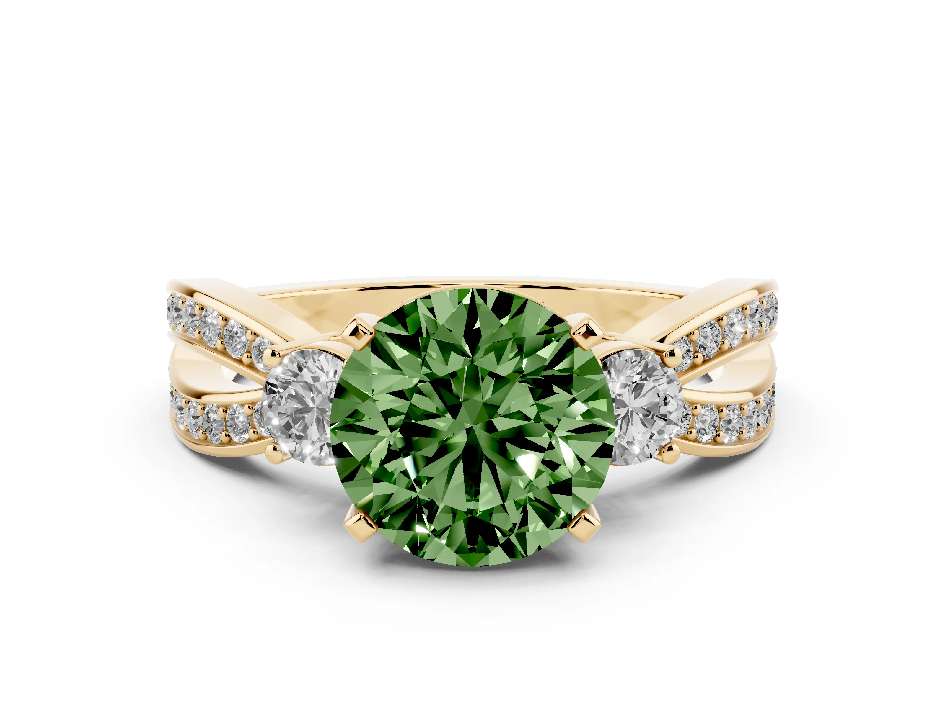 Fancy Green Three-Stone Round Cut Diamond Twist Band Ring Set in Yellow gold with Pavé Accents and Prong Setting