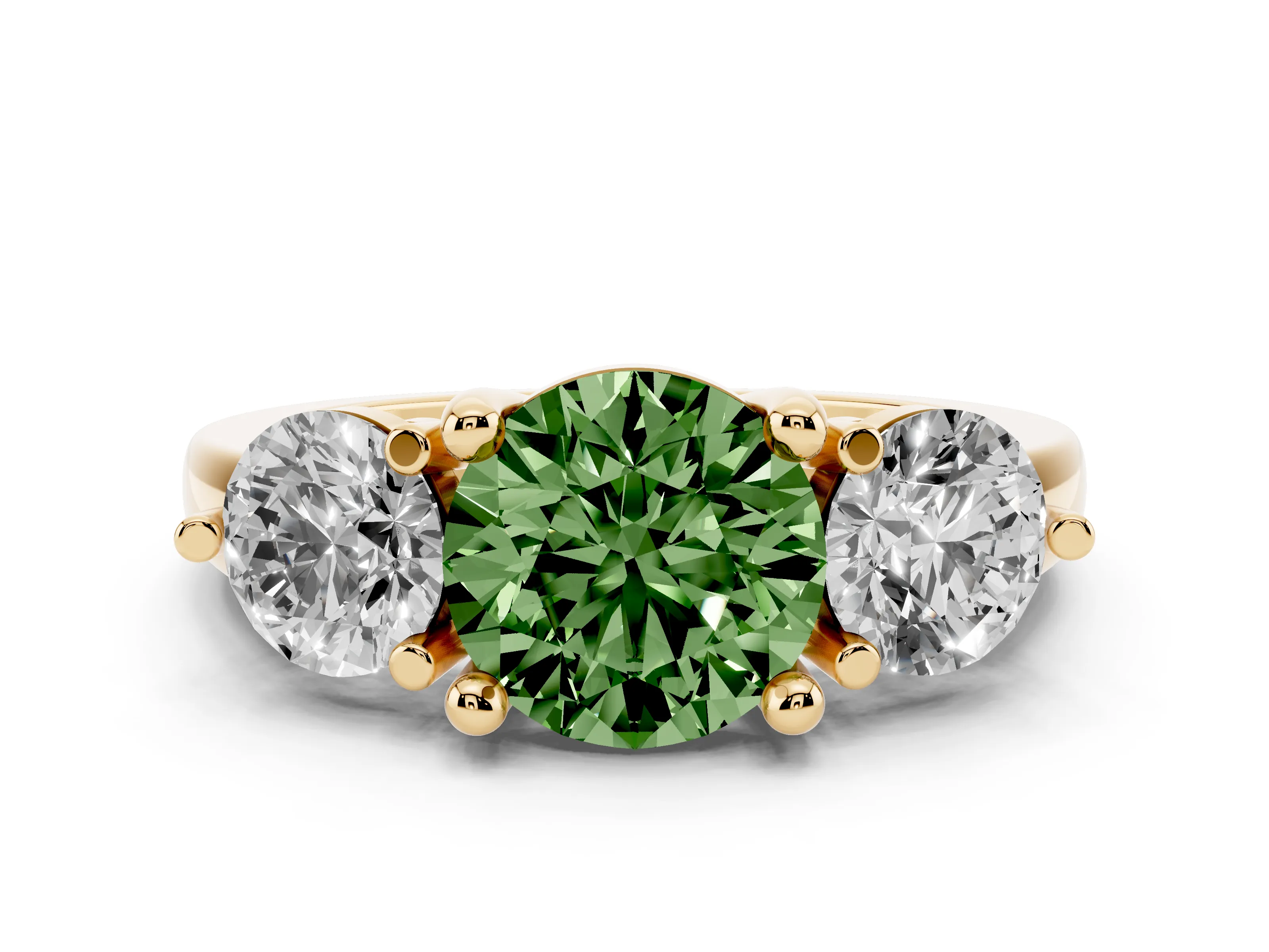 Fancy Green Round Cut Diamond Three-Stone Ring Set in Yellow gold with Prong Setting and Classic Band