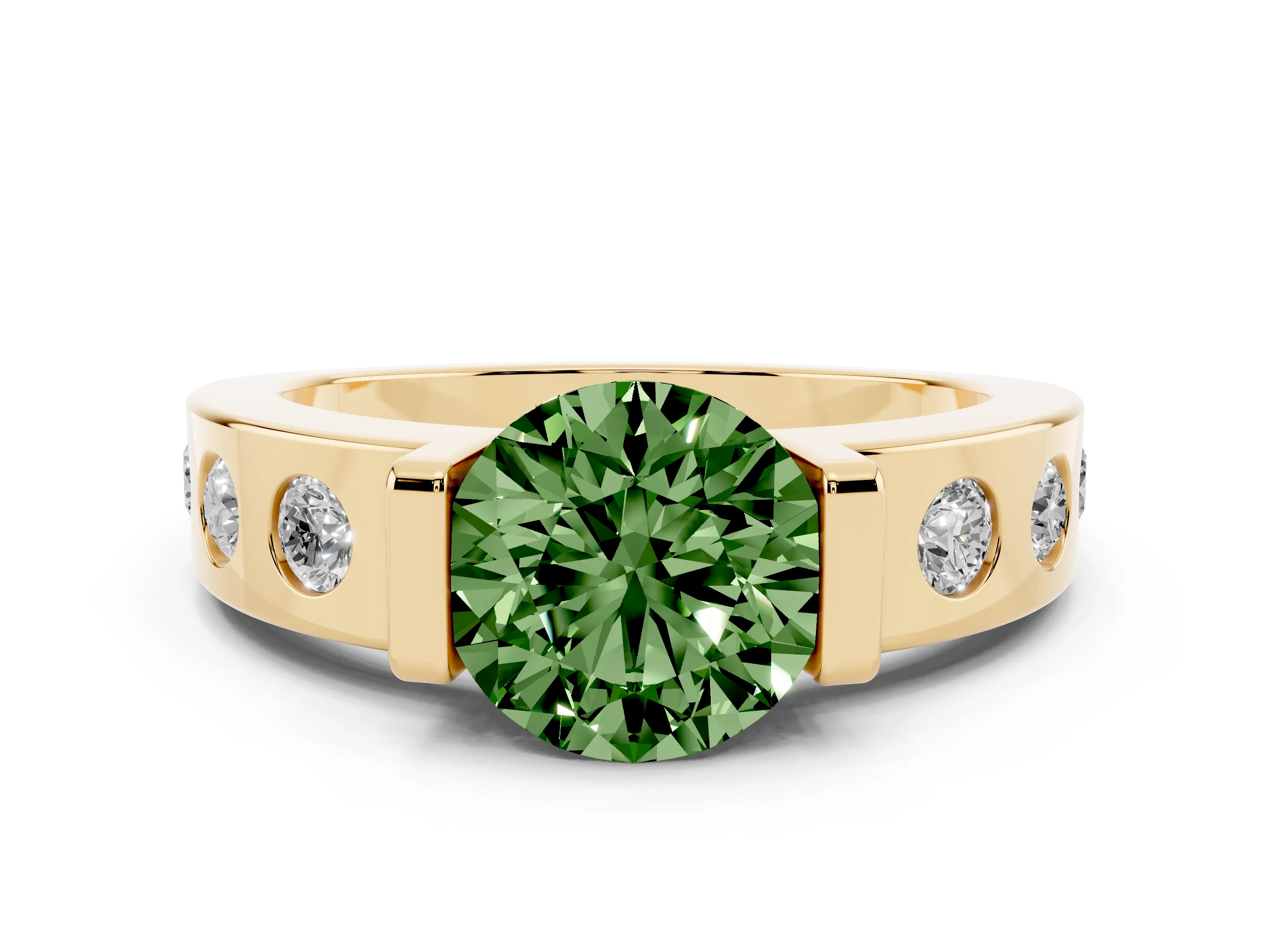 Fancy Green Round Cut Diamond Channel-Set Band Ring Set in Yellow gold with Bezel Prong Setting