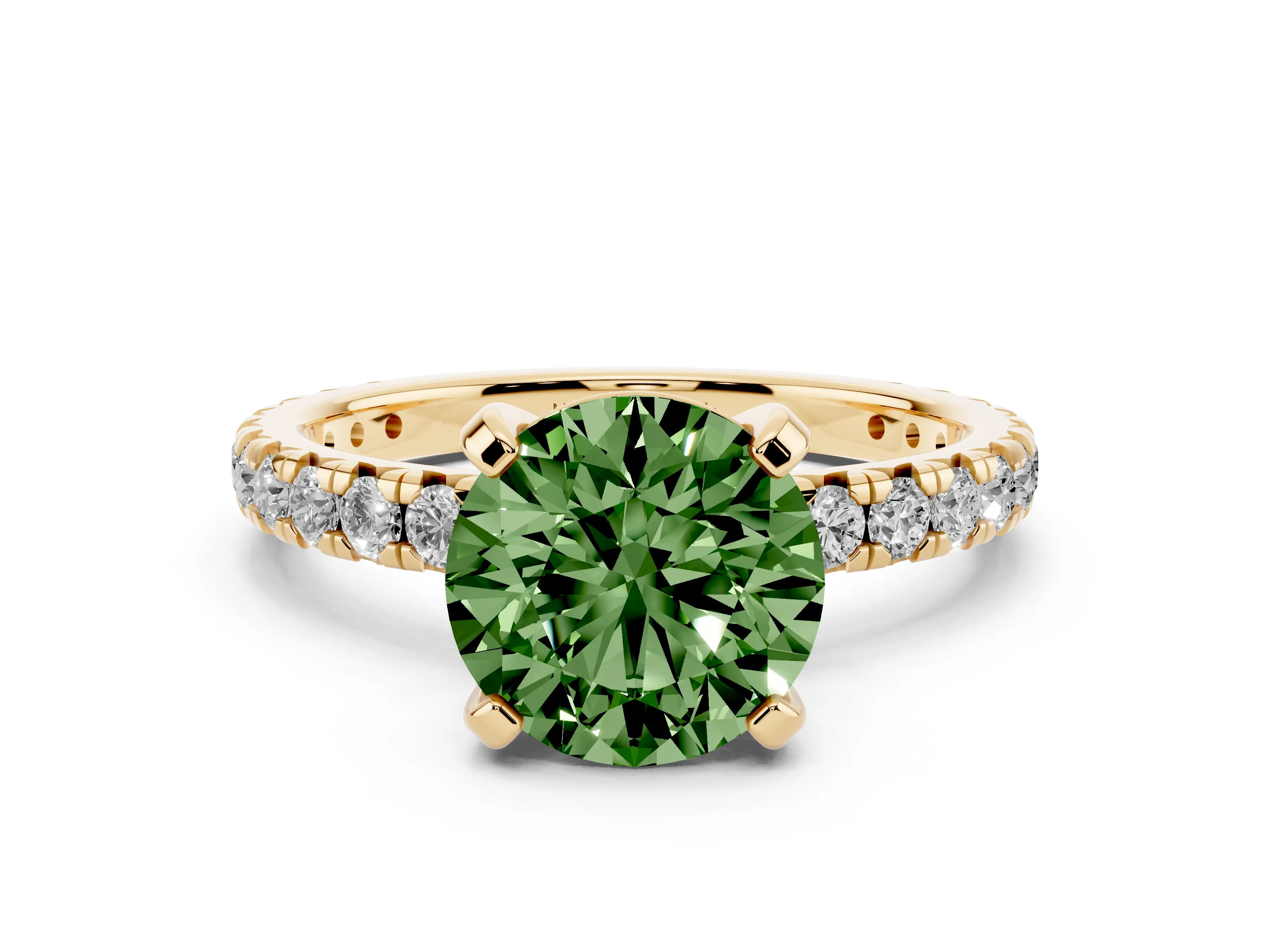 Fancy Green Round Cut Diamond Pavé Solitaire Ring Set in Yellow gold with Round Band and Prong Setting