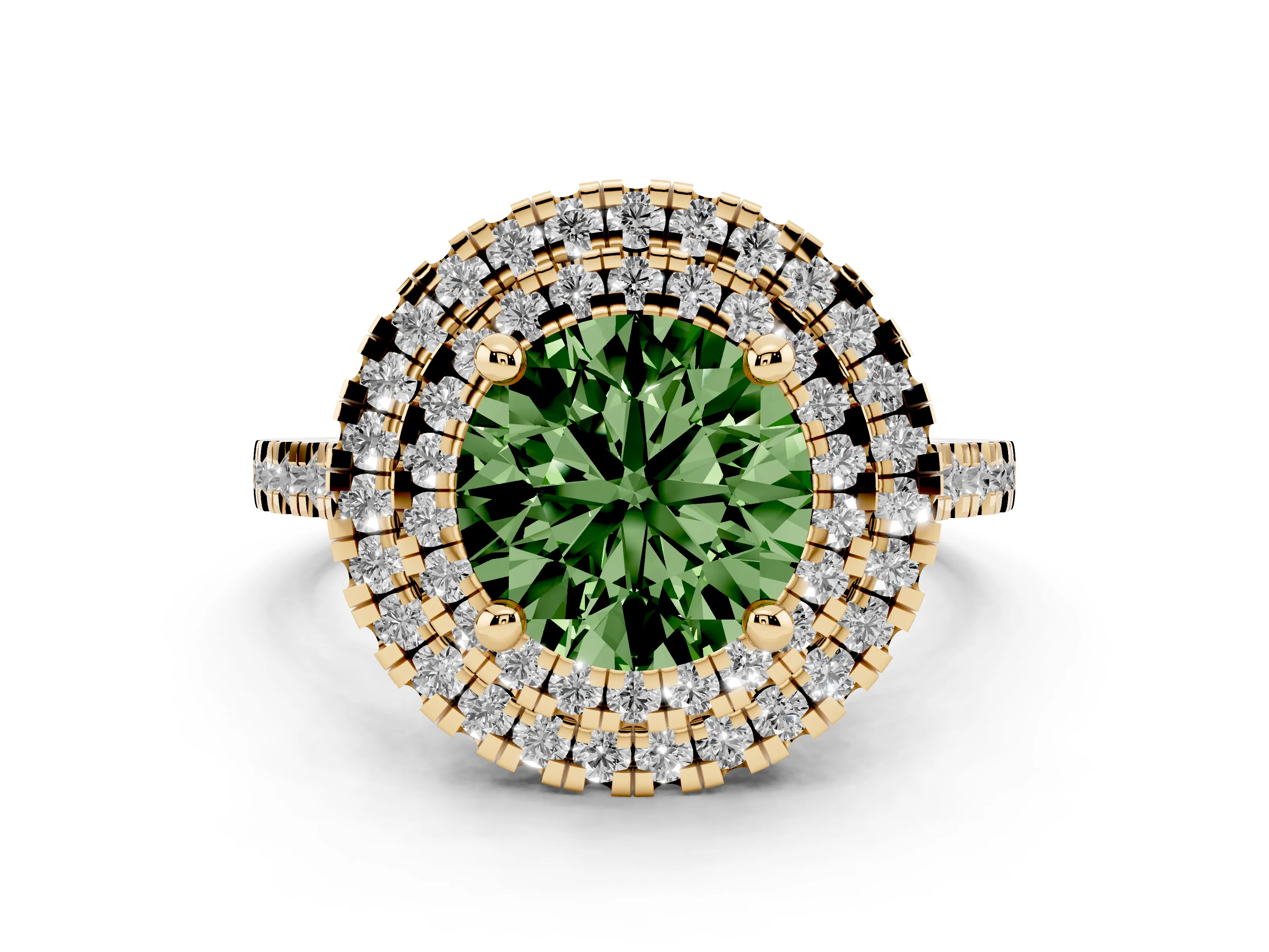 Fancy Green Round Cut Diamond Double Halo Statement Ring Set in Yellow gold with Pavé Band