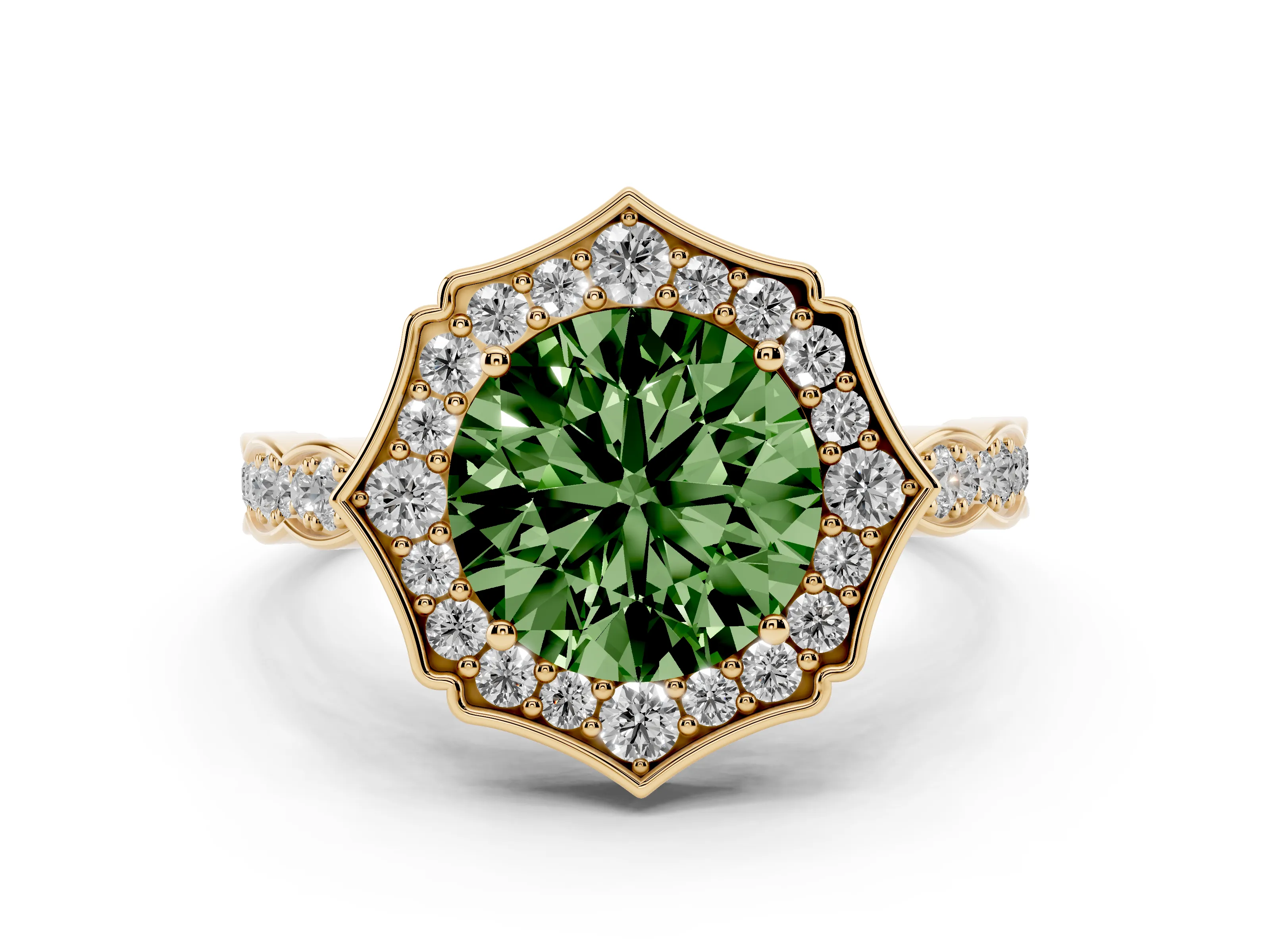 Fancy Green Round Cut Diamond Halo Engagement Ring Set in Yellow gold with Milgrain Band and Prong Setting