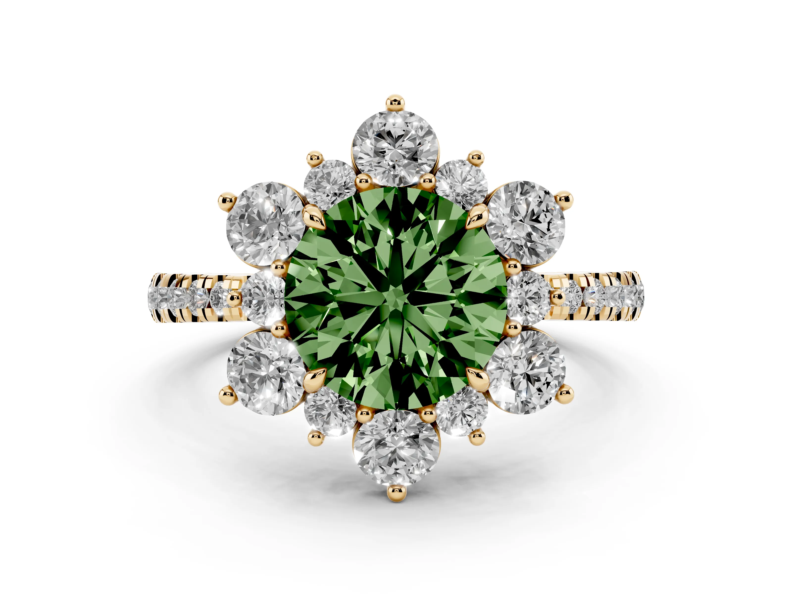 Fancy Green Round Cut Diamond Floral Halo Ring Set in Yellow gold with Round Pavé Band and Prong Setting