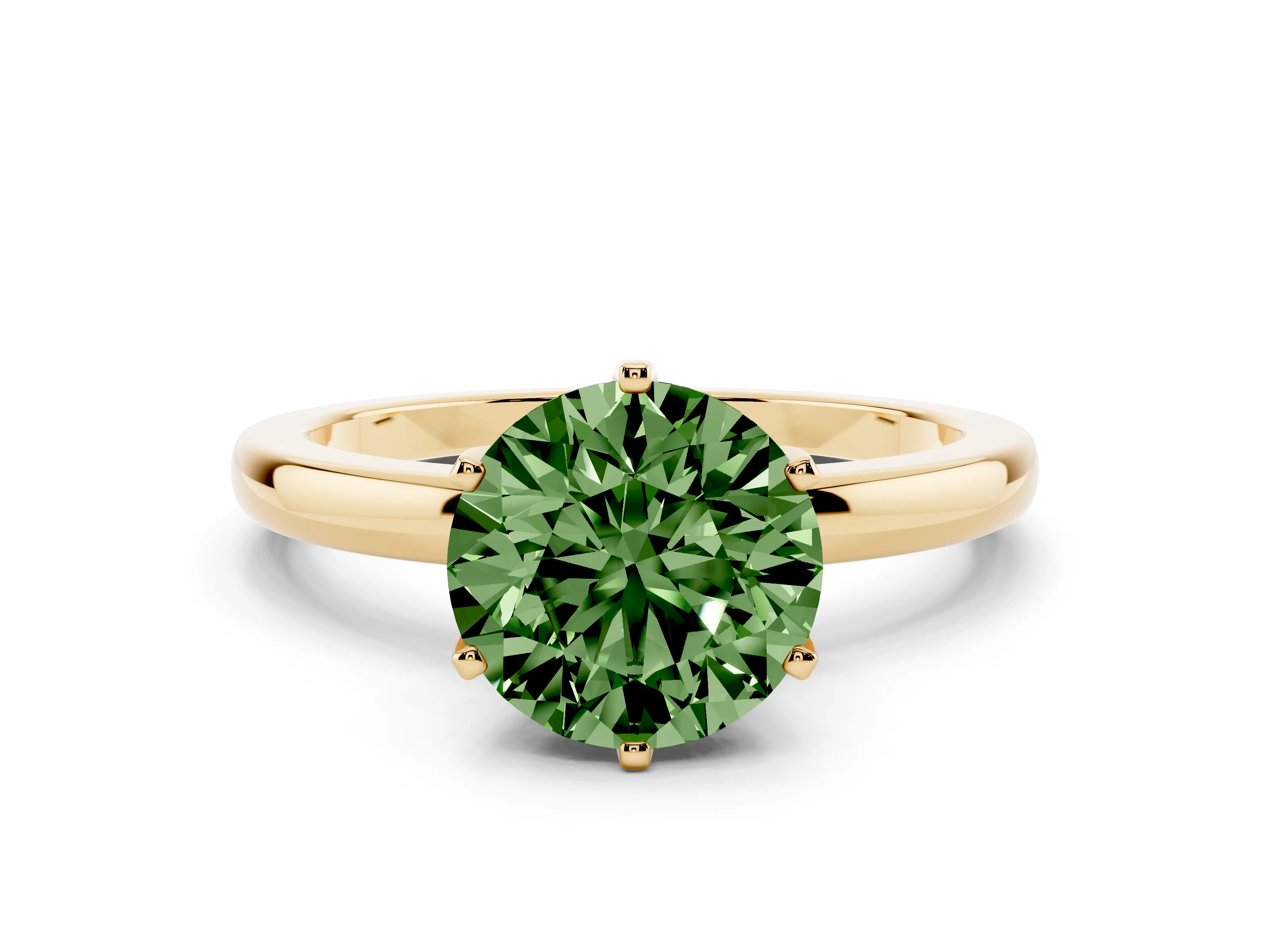 Fancy Green Round Cut Diamond Solitaire Ring Set in Yellow gold with Raised Prong Setting on a Classic Band