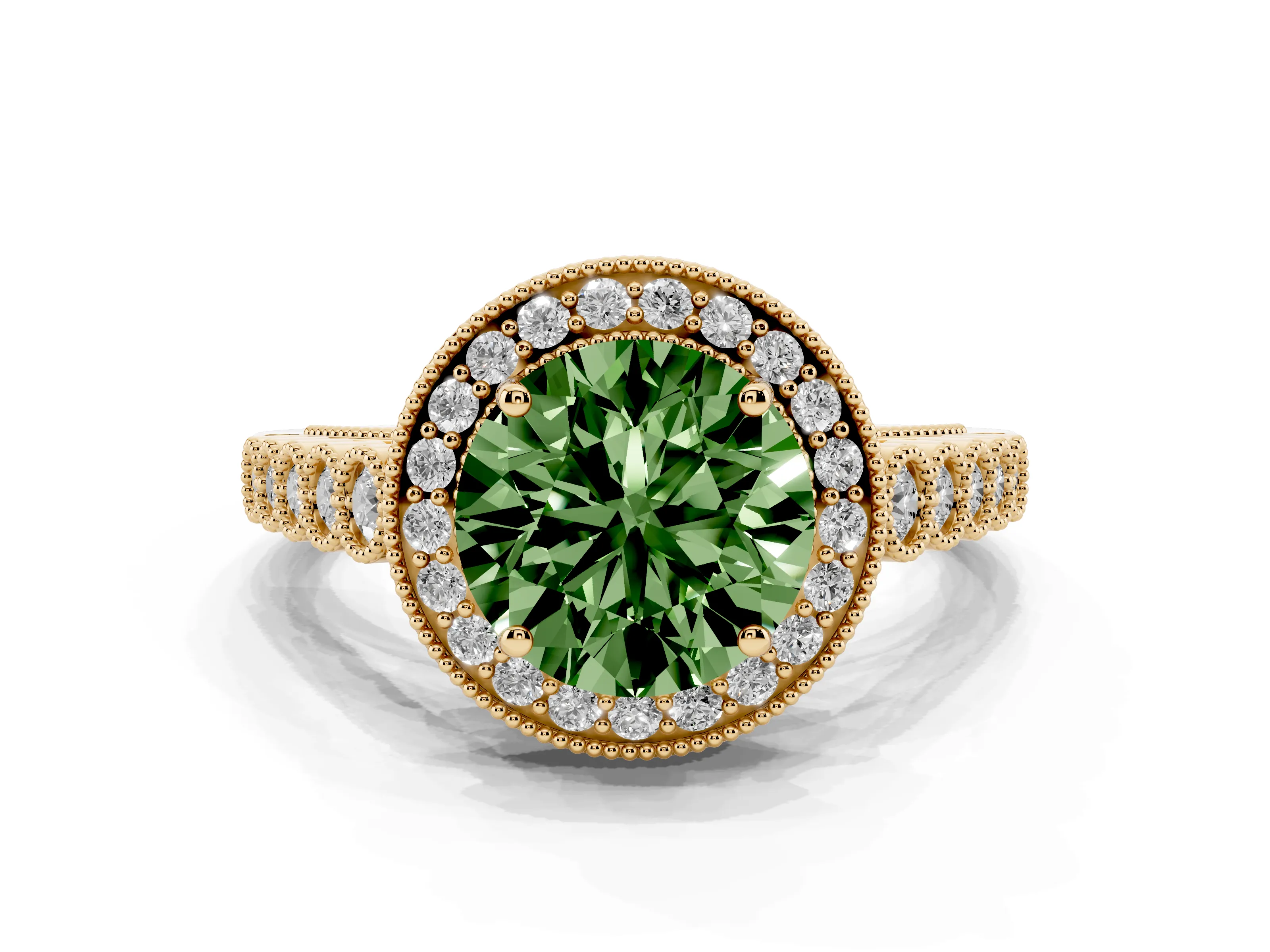 Fancy Green Round Cut Diamond Milgrain Halo Solitaire Ring Set in Yellow gold with Bezel Set Side Stones and Pavé Band