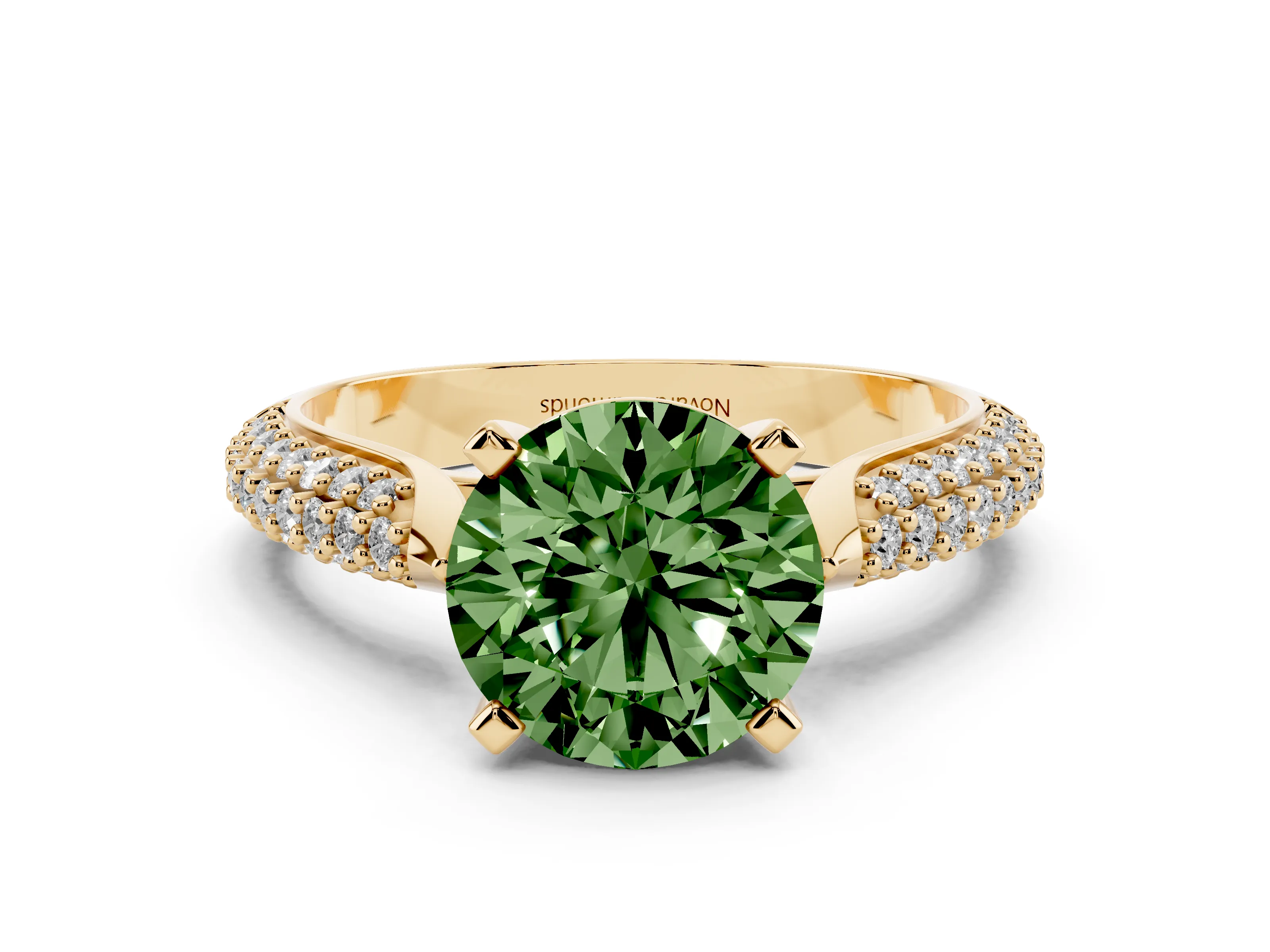 Fancy Green Round Cut Diamond Solitaire Engagement Ring Set in Yellow gold with Multi-Row Round Pavé Band and Prong Setting