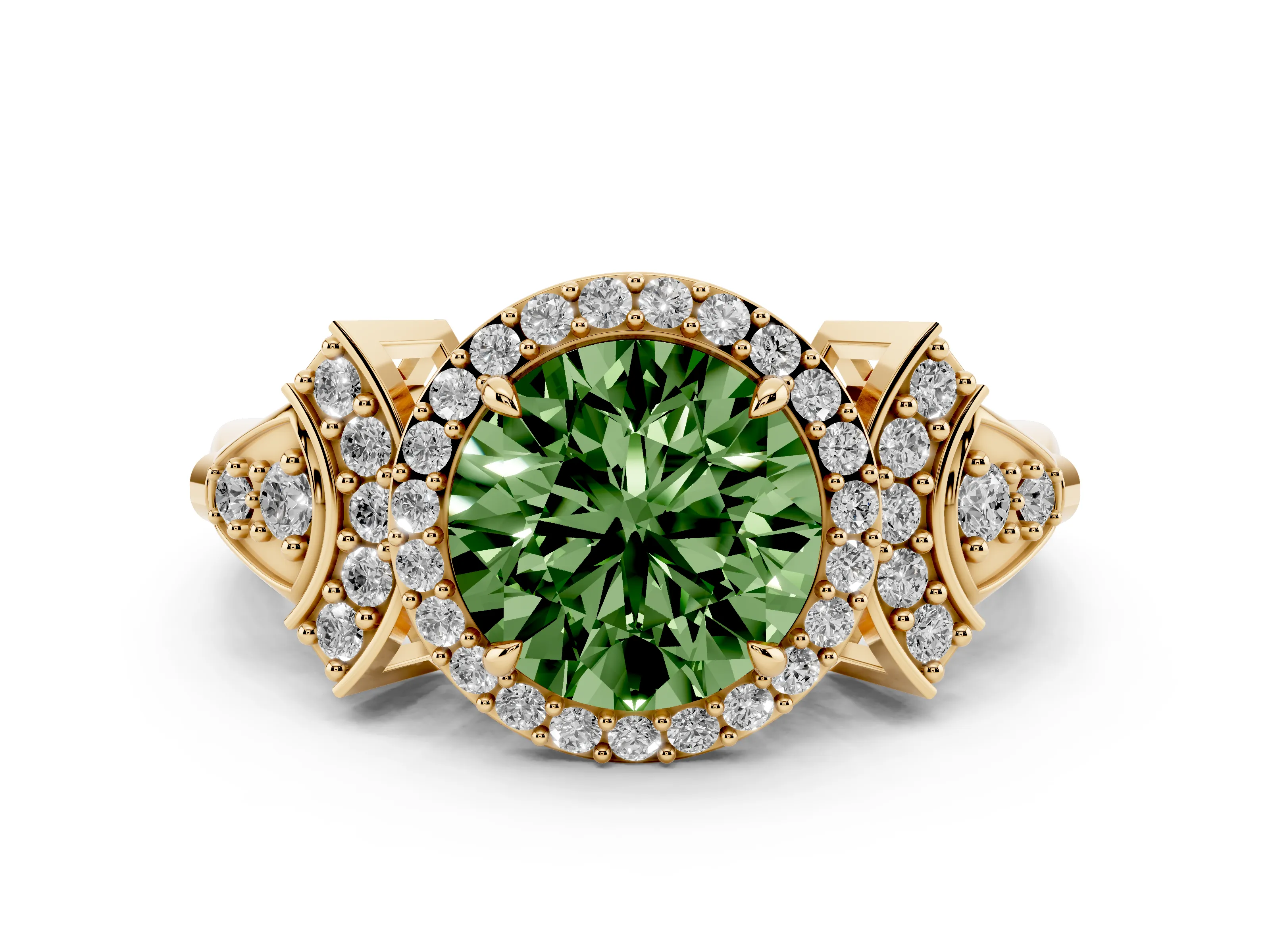 Fancy Green Round Cut Diamond Halo Engagement Ring Set in Yellow gold with Accent Stone Split Shank