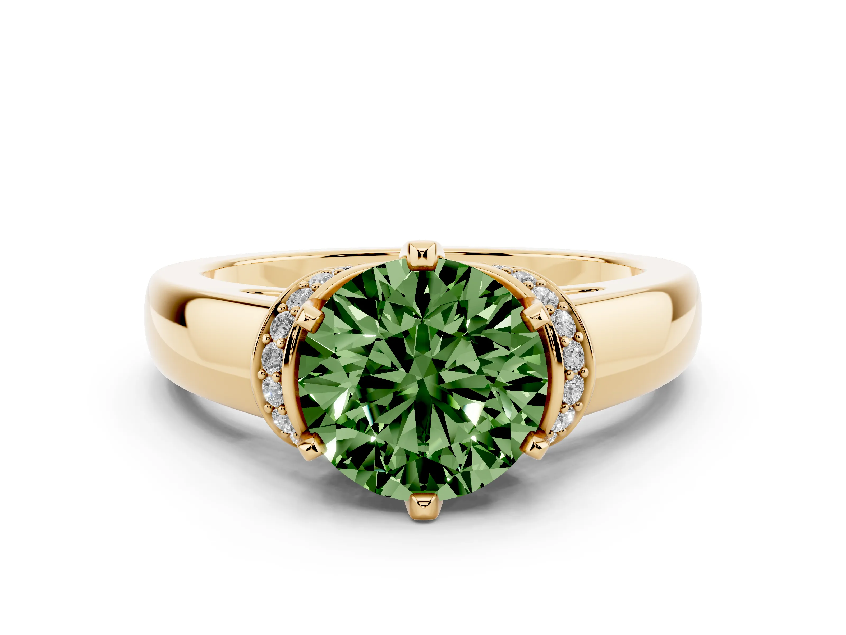 Fancy Green Round Cut Diamond Pavé Band Solitaire Ring Set in Yellow gold with Prong Setting