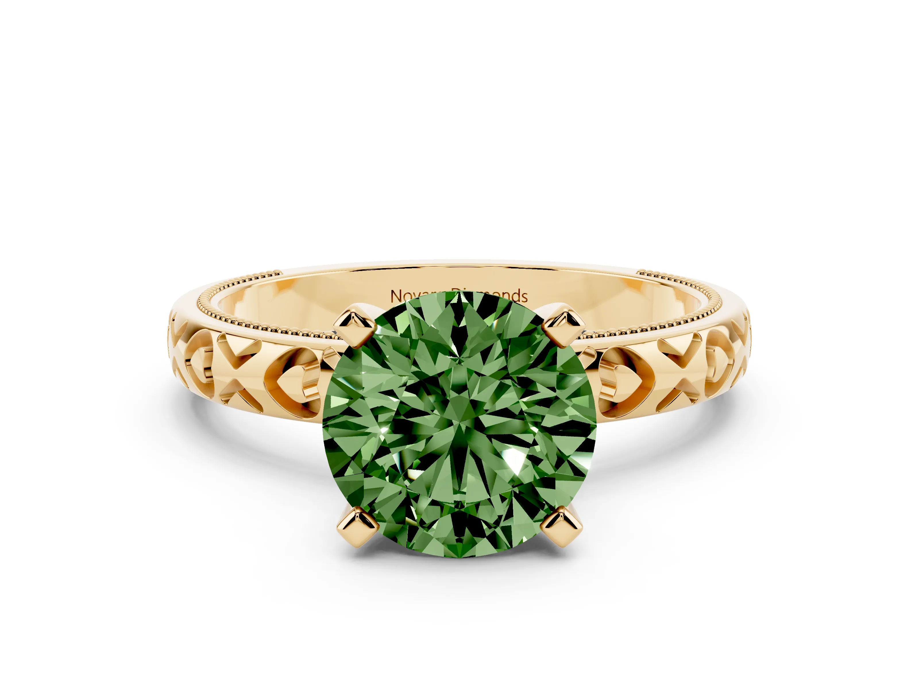 Fancy Green Round Cut Diamond Solitaire Engagement Ring Set in Yellow gold with XO Engraved Band and Prong Setting