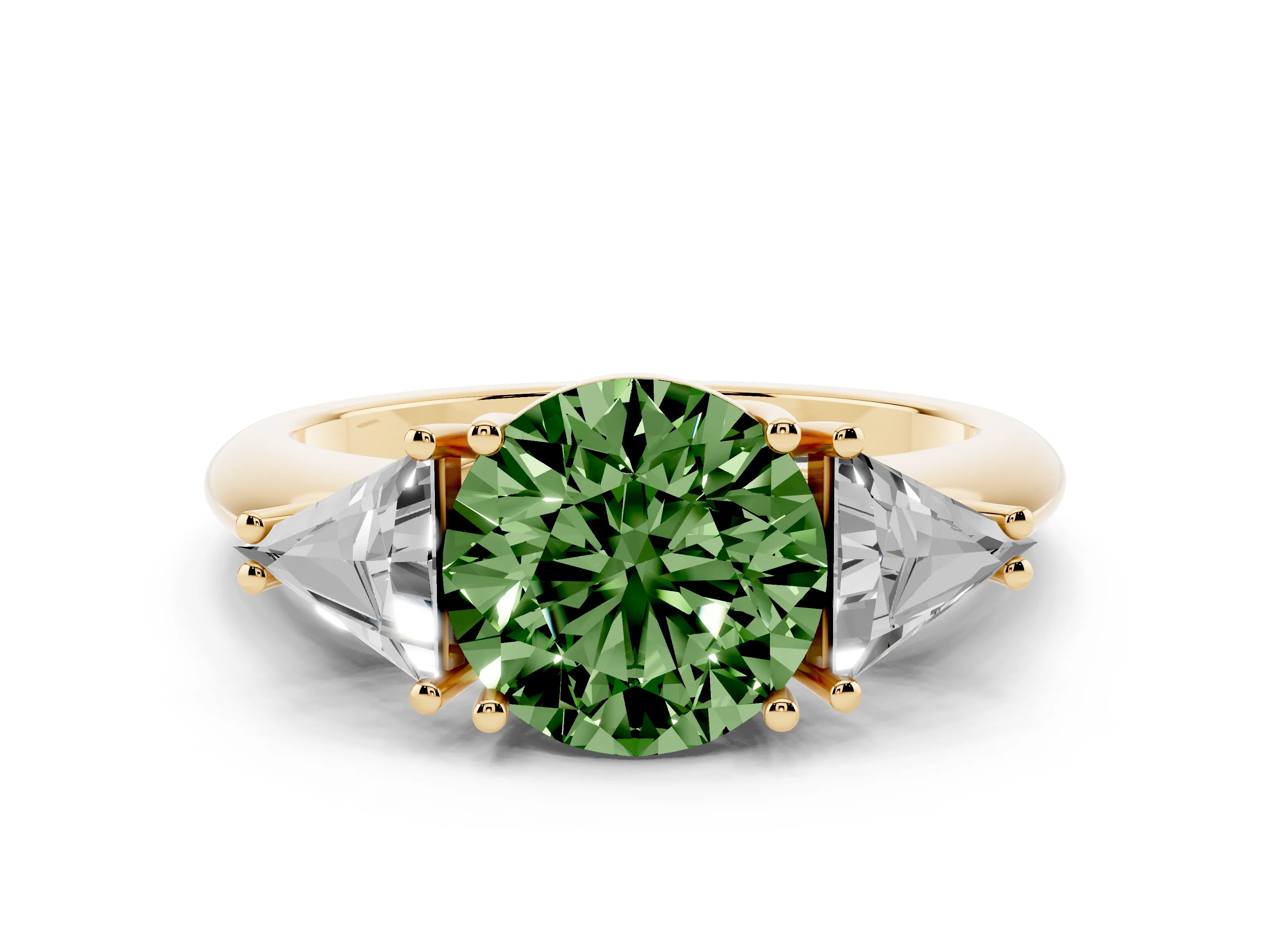 Fancy Green Round Cut Diamond Three-Stone Engagement Ring Set in Yellow gold with Trillion Side Stones