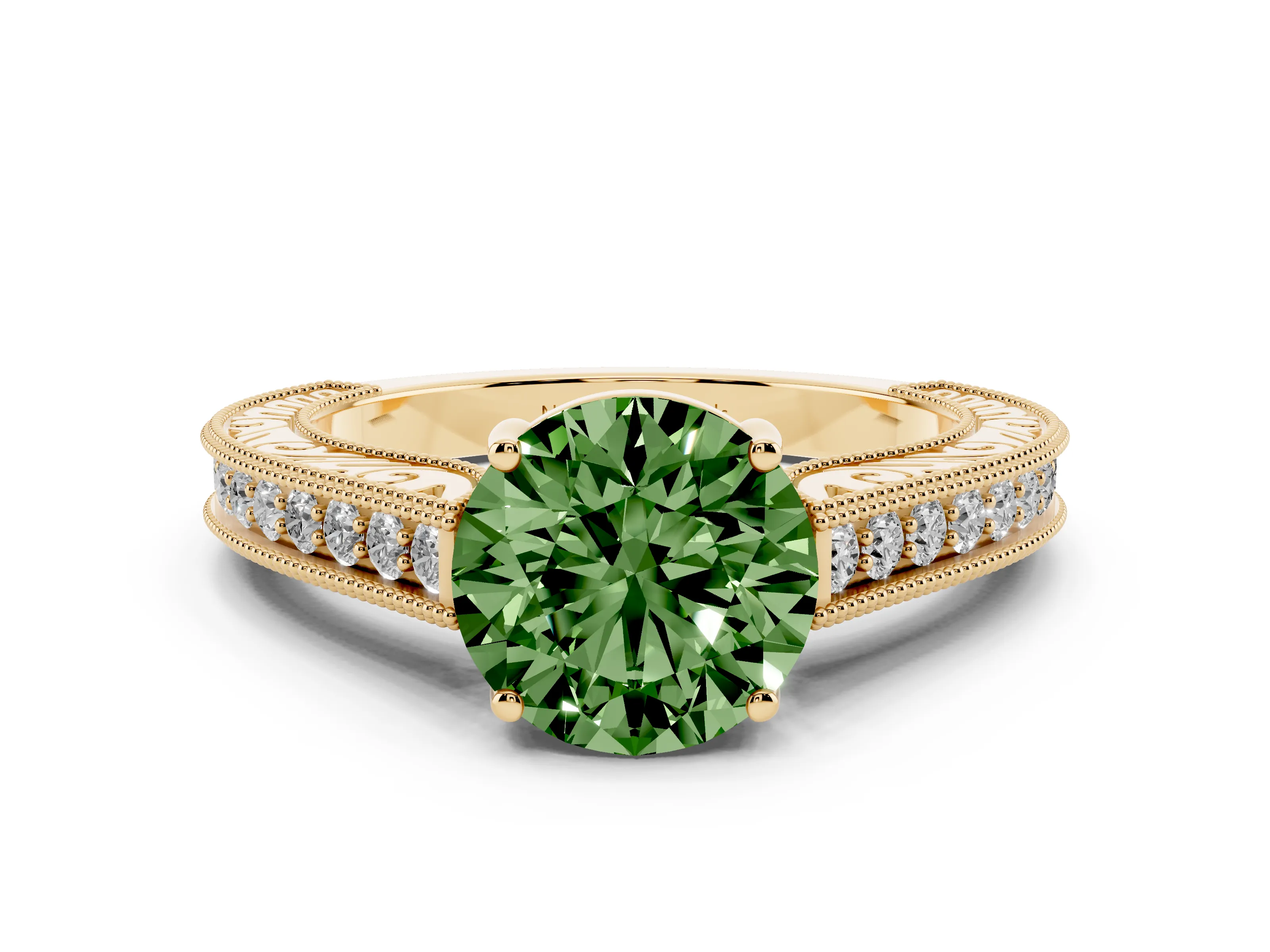 Fancy Green Round Cut Diamond Milgrain Pavé Band Solitaire Ring Set in Yellow gold with Prong Setting