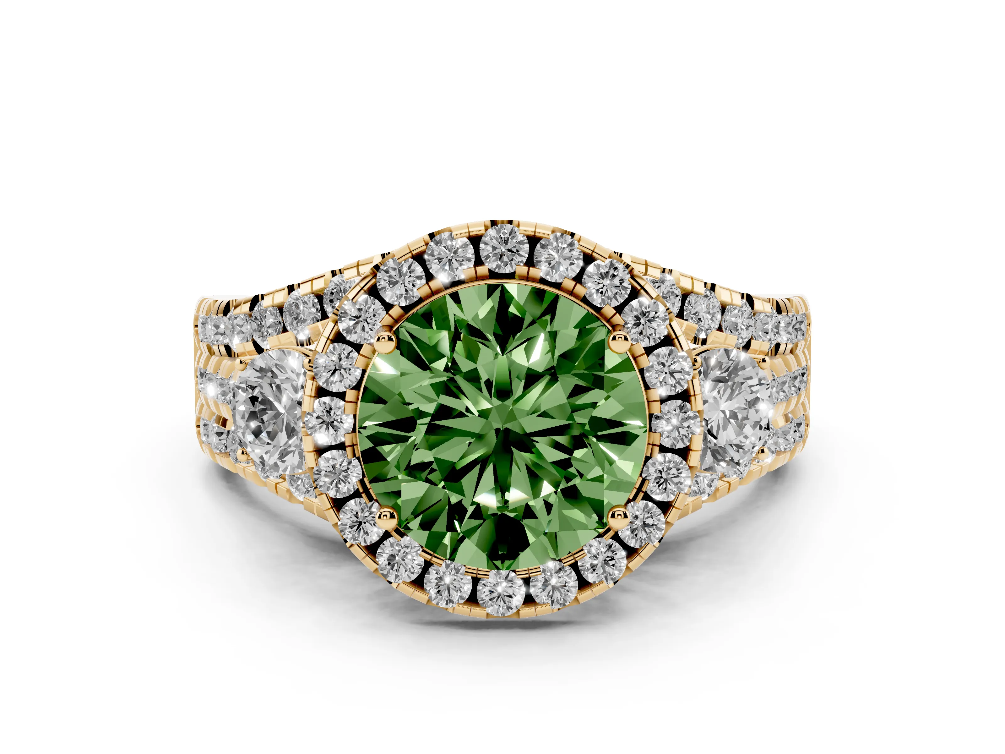 Fancy Green Round Cut Diamond Halo Split Shank Ring Set in Yellow gold with Round Accent Stones and Prong Setting