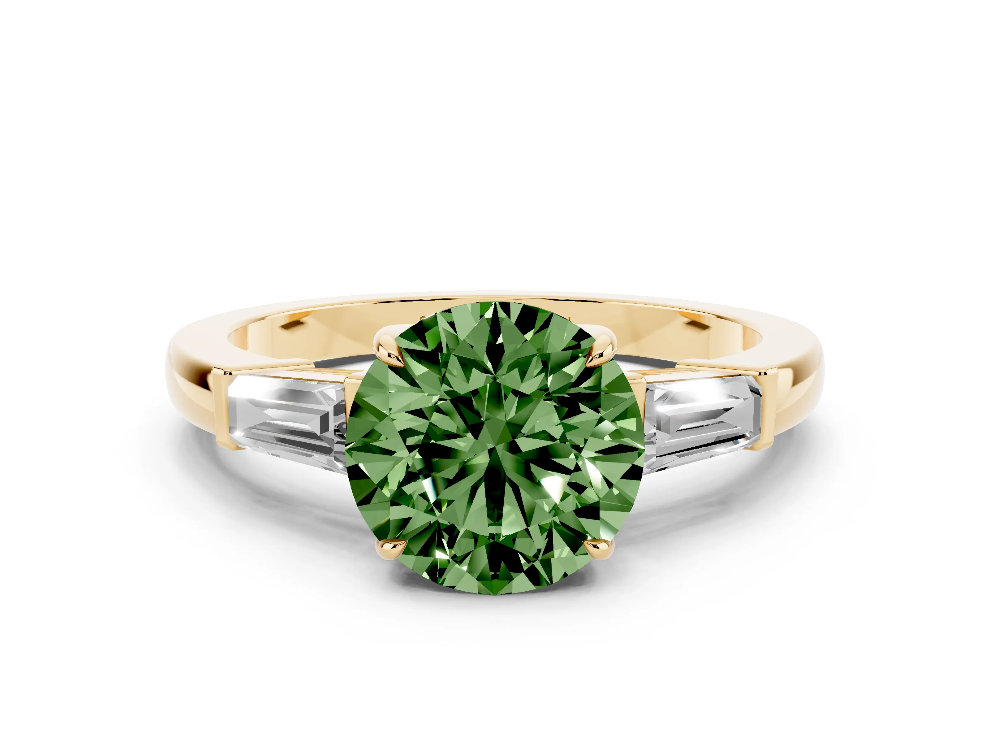 Fancy Green Round Cut Diamond Three-Stone Ring Set in Yellow gold with Tapered Baguette Side Stones and Prong Setting