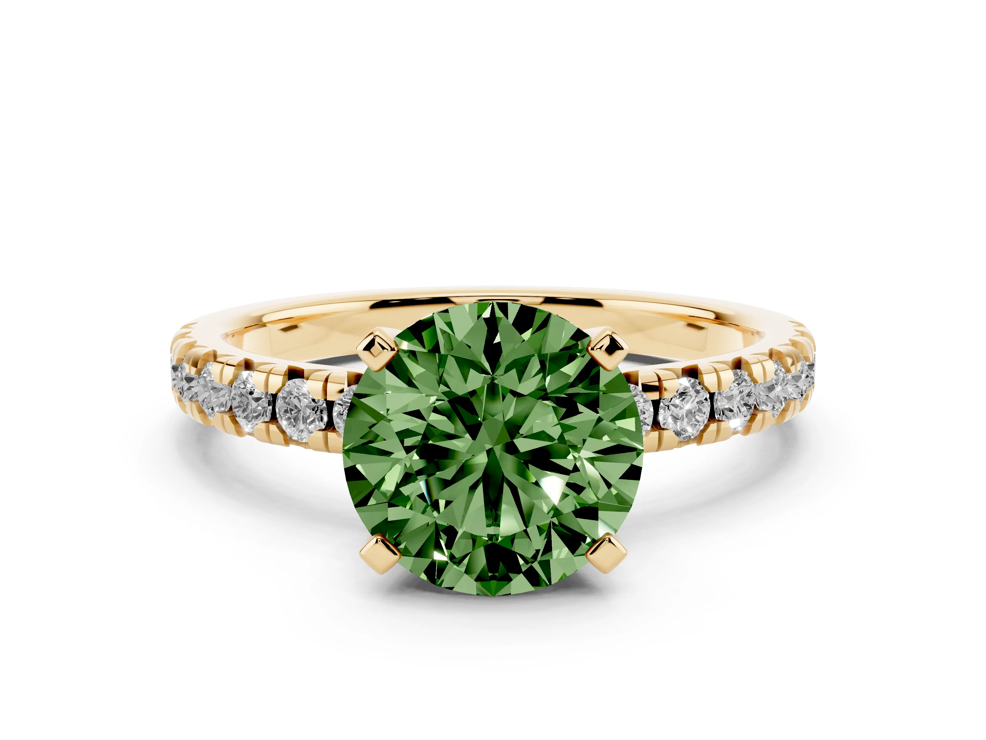 Fancy Green Round Cut Diamond Solitaire Pavé Engagement Ring Set in Yellow gold with Round Band and Prong Setting