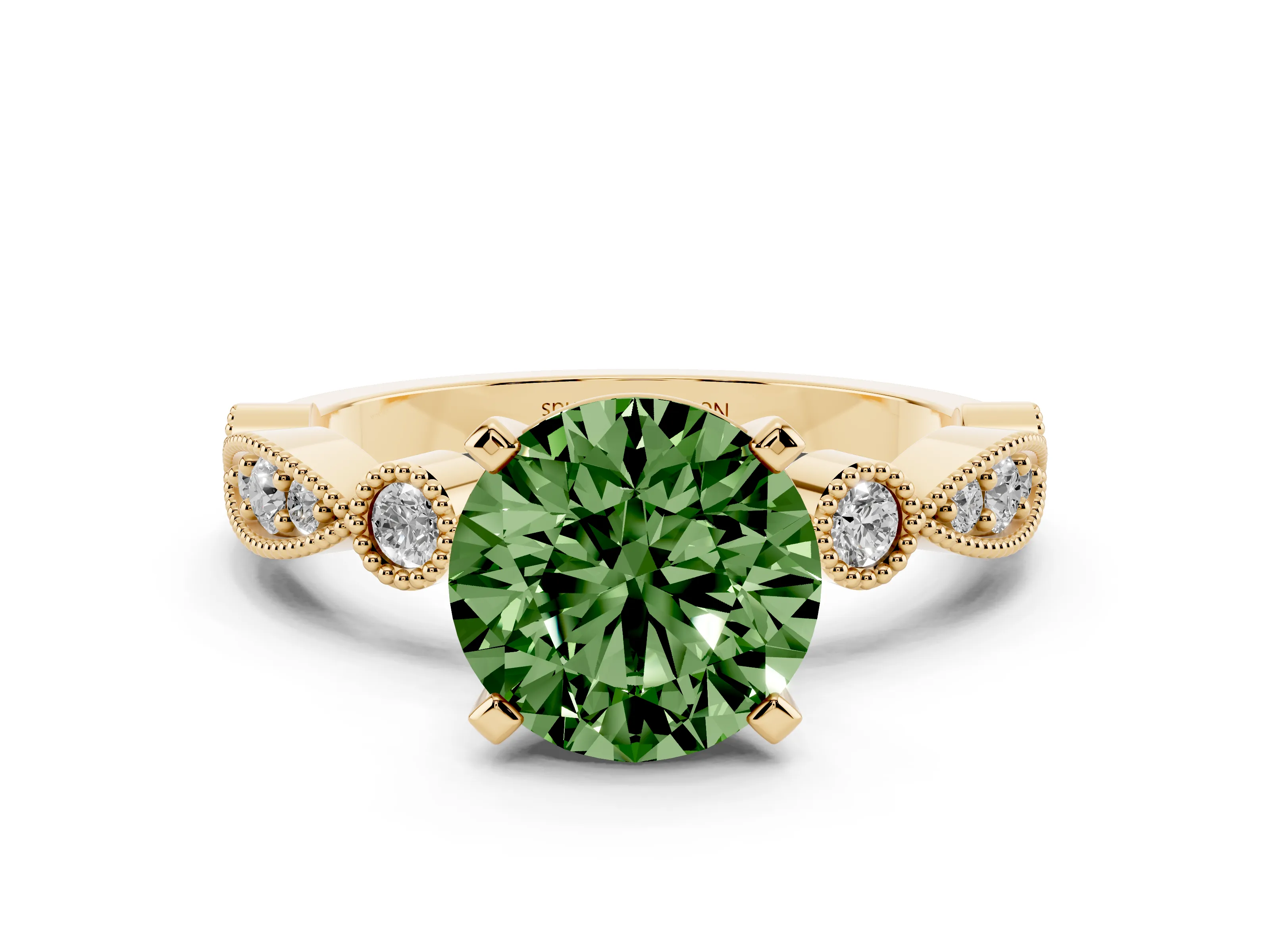 Fancy Green Round Cut Diamond Solitaire Engagement Ring Set in Yellow gold with Milgrain Bezel Accent Band