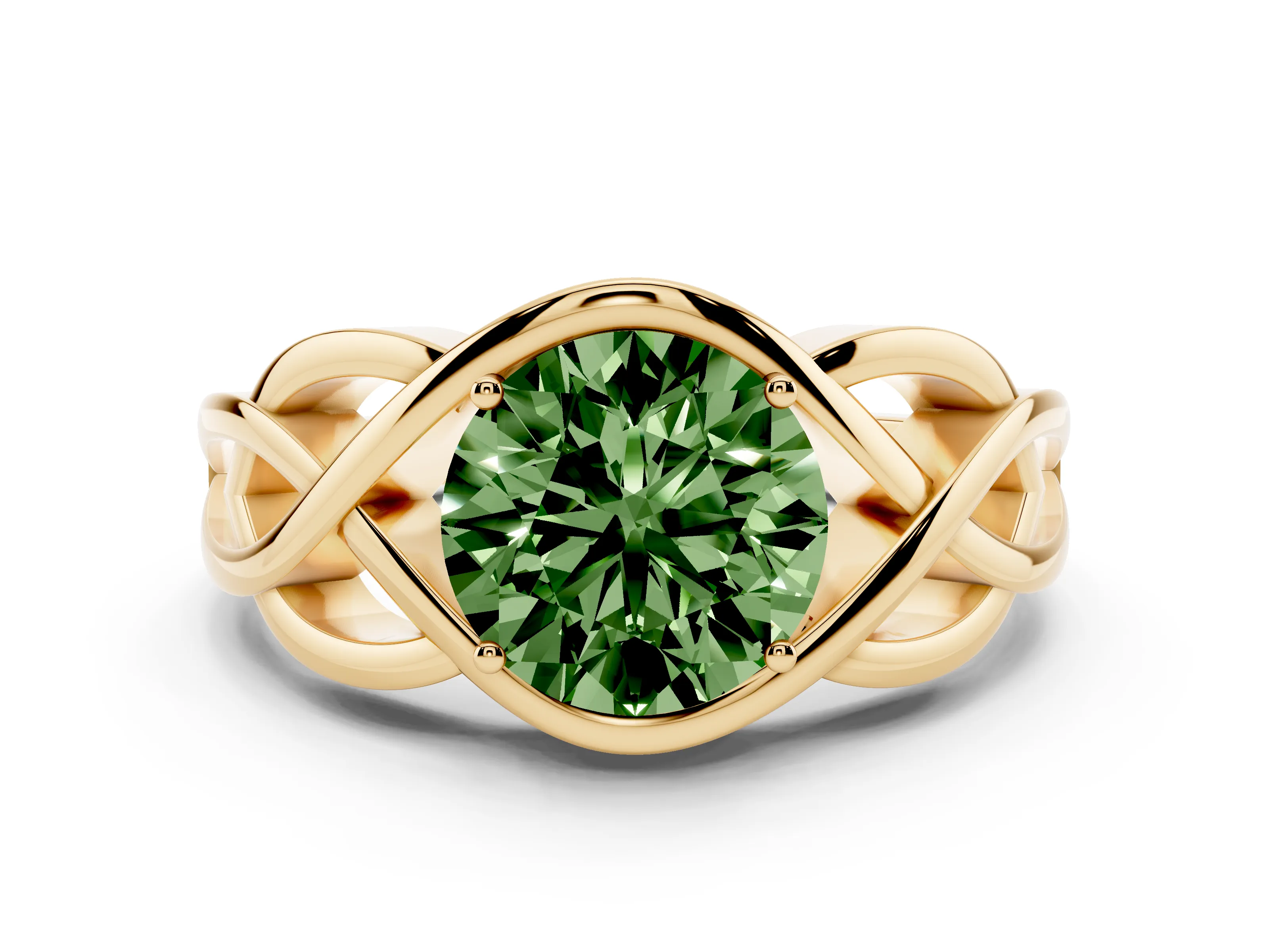 Fancy Green Round Cut Diamond Solitaire Ring Set in Yellow gold with Intertwined Band