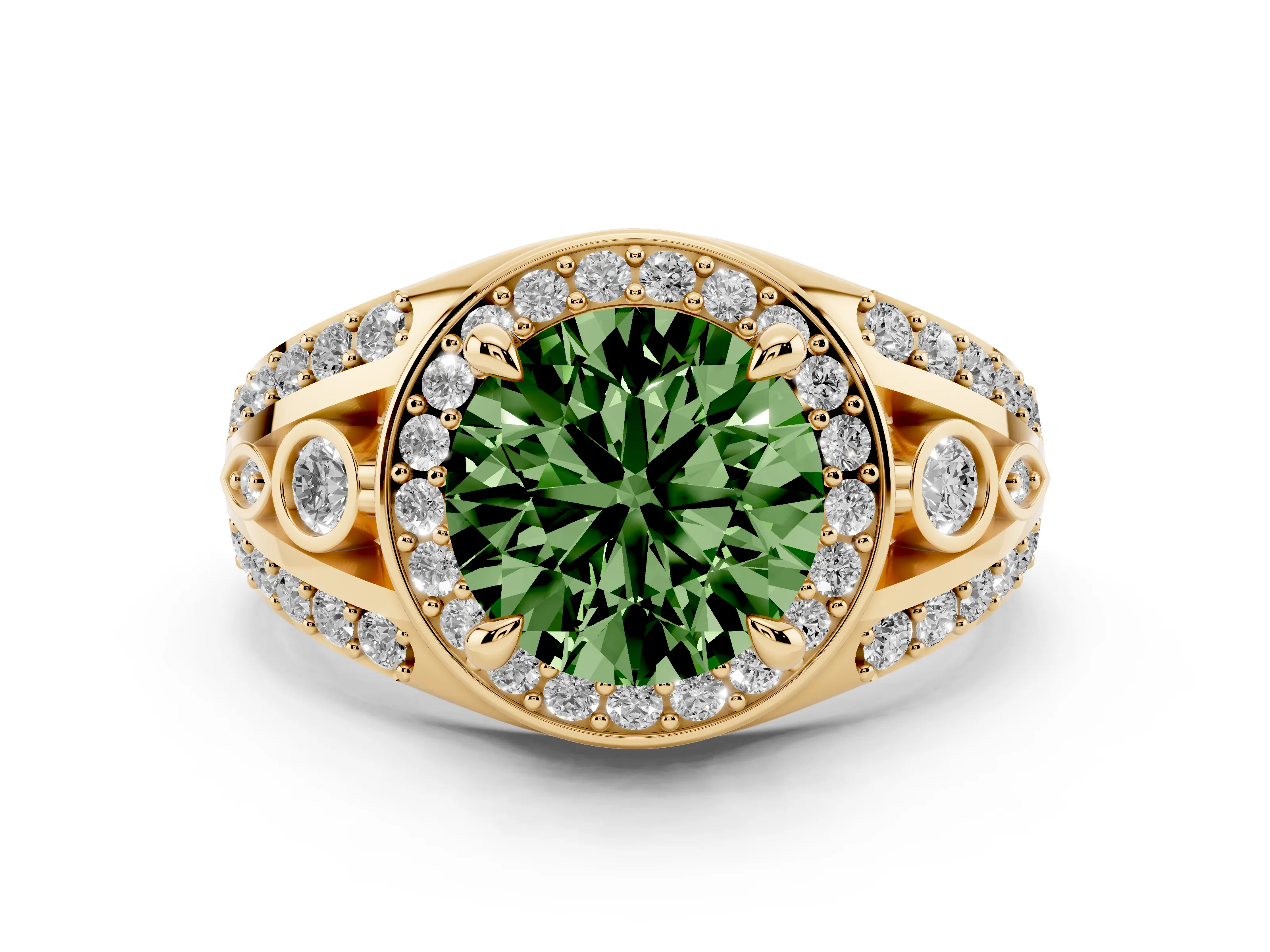 Fancy Green Round Cut Diamond Halo Ring Set in Yellow gold with Pavé Split Shank and Bezel Accents